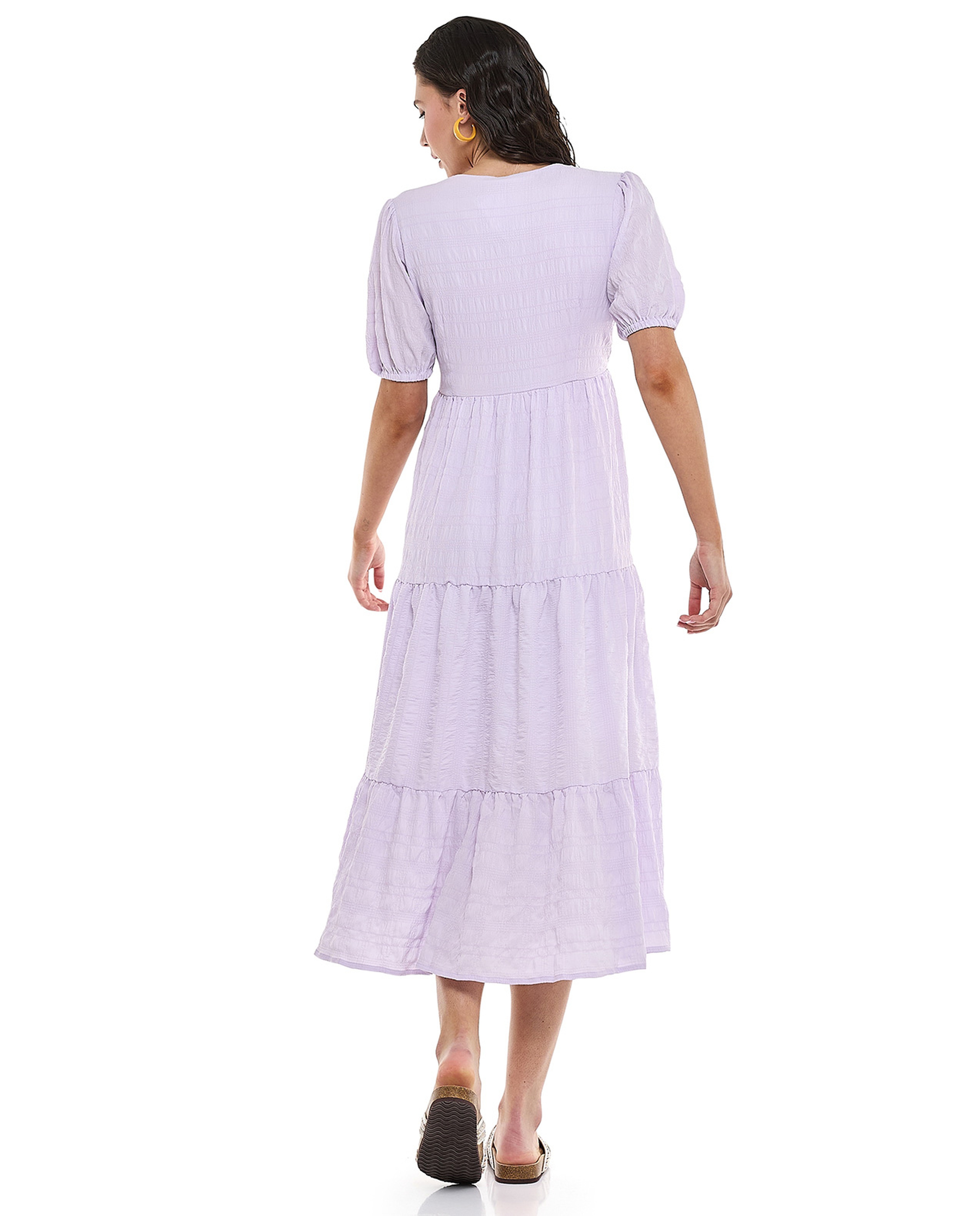 Textured Tiered Dress with V-Neck and Puff Sleeves