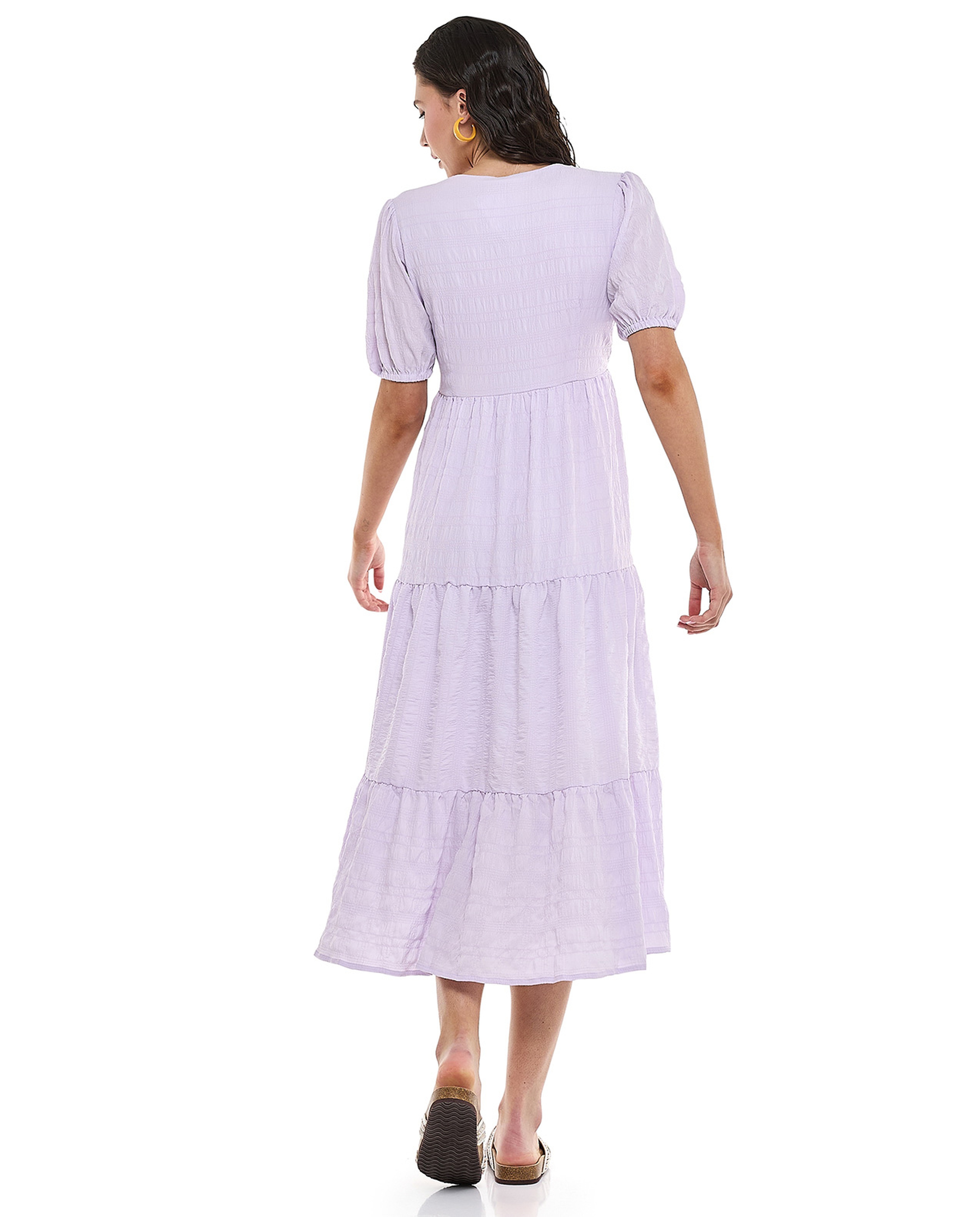 Textured Tiered Dress with V-Neck and Puff Sleeves