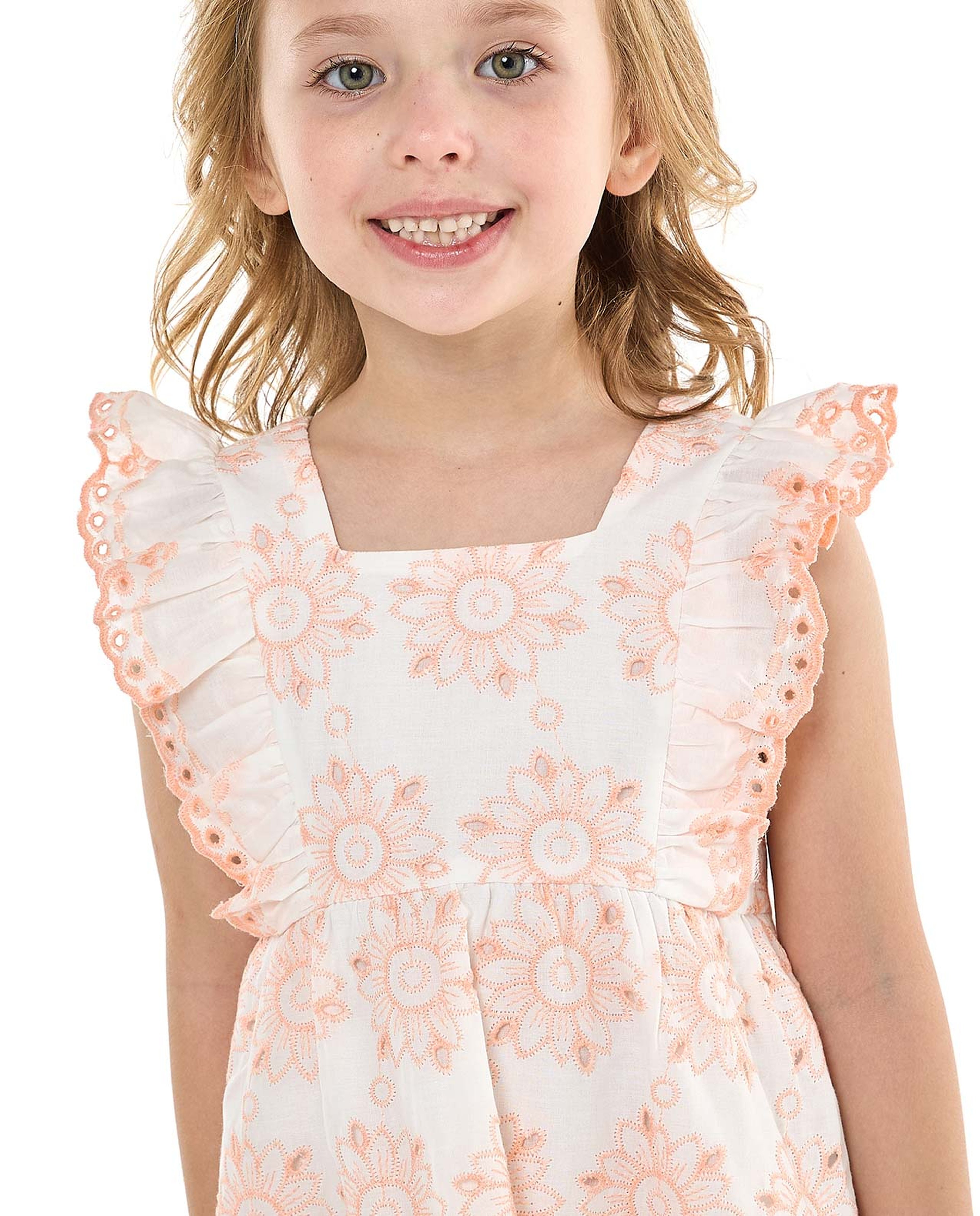 Schiffli Dress with Square Neck and Flutter Sleeves