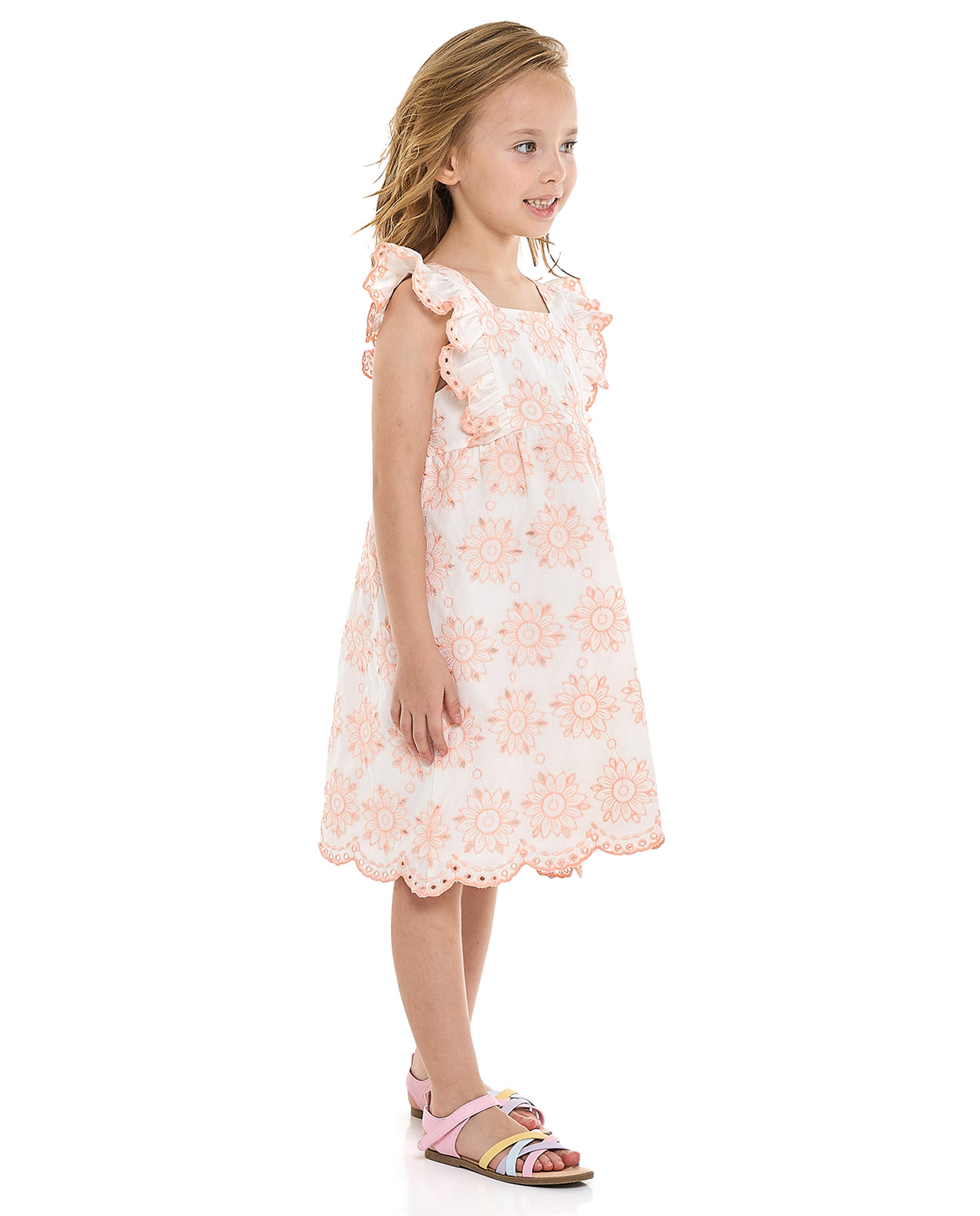 Schiffli Dress with Square Neck and Flutter Sleeves