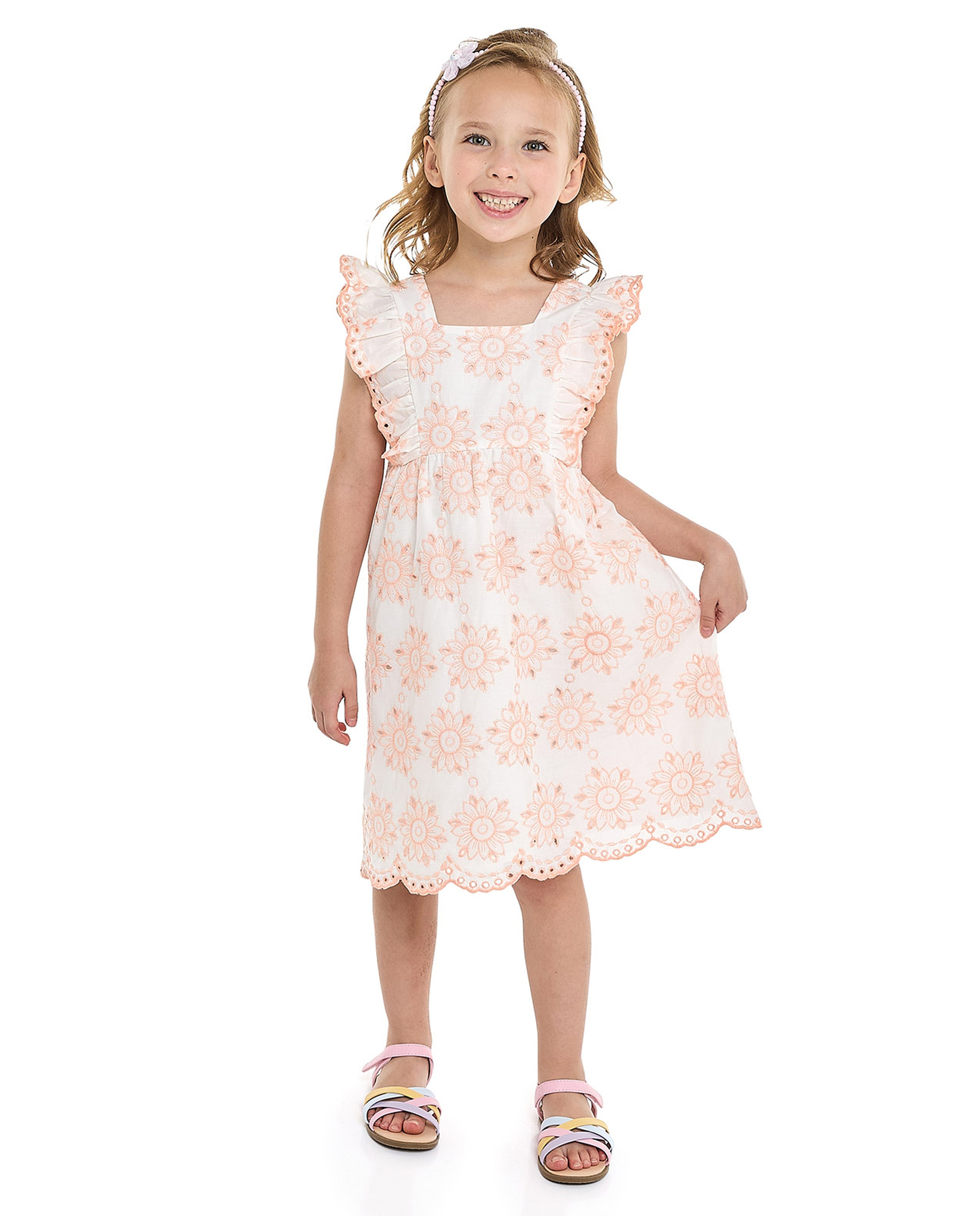 Schiffli Dress with Square Neck and Flutter Sleeves