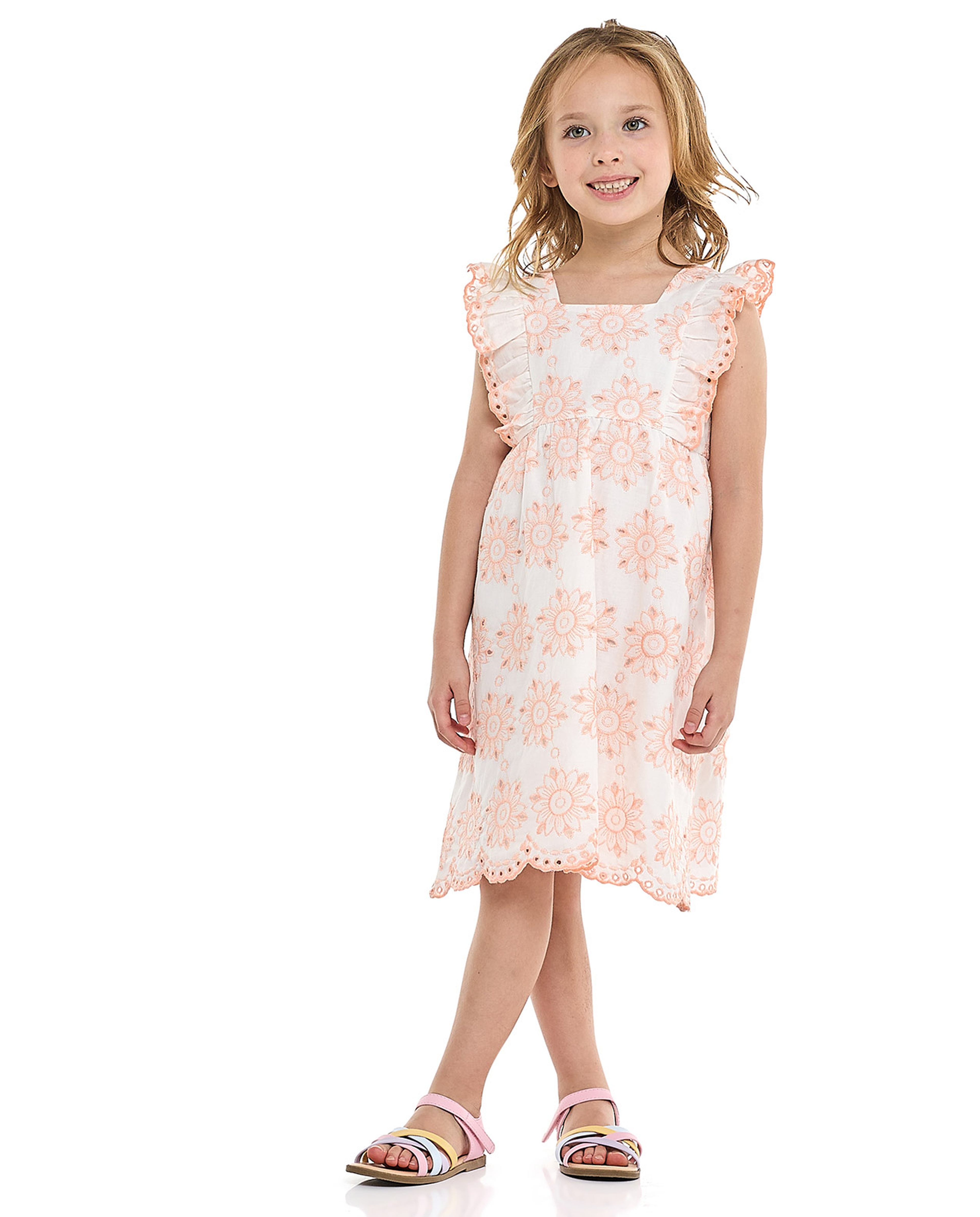 Schiffli Dress with Square Neck and Flutter Sleeves