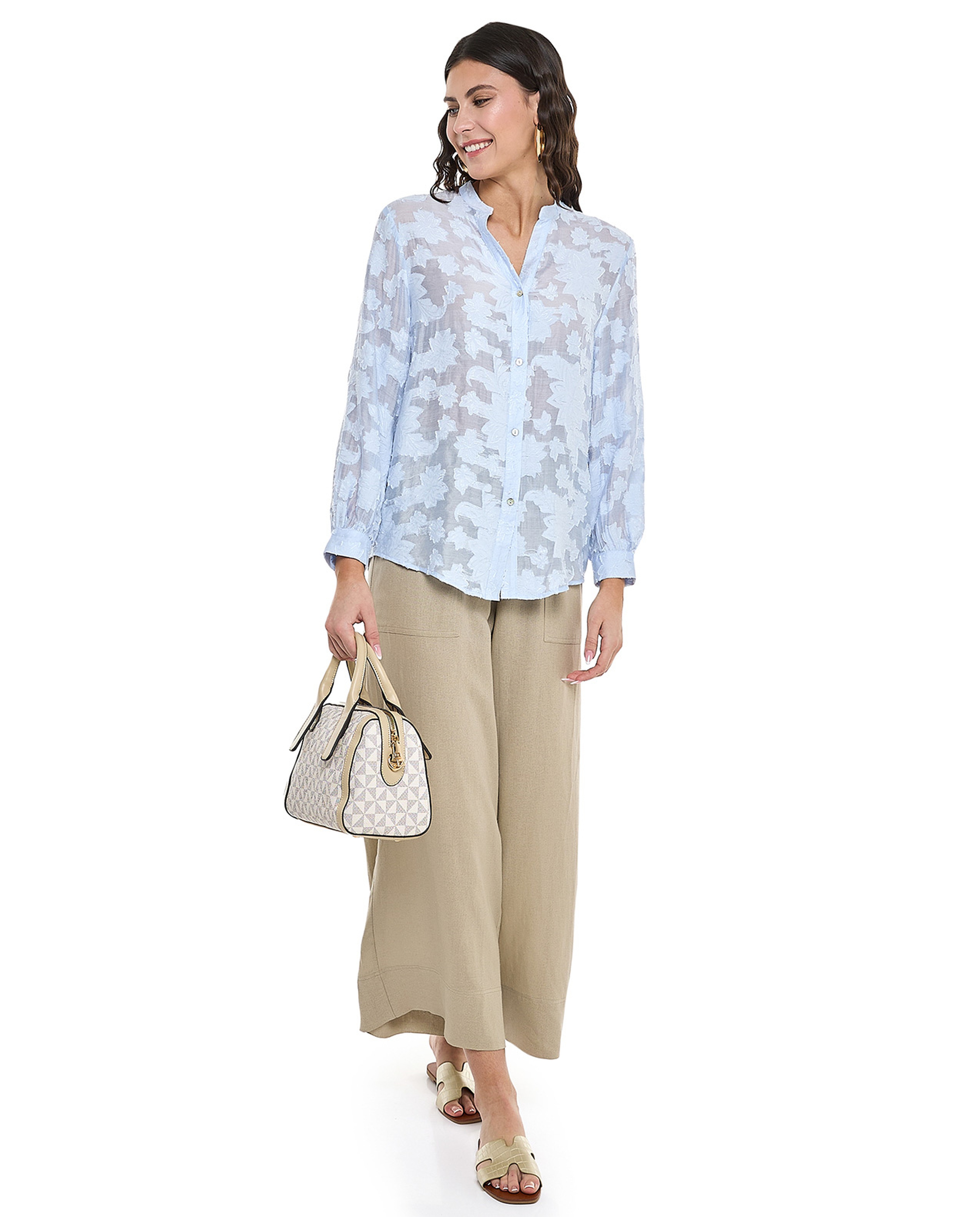 Jacquard Shirt with Stand Collar and Long Sleeves