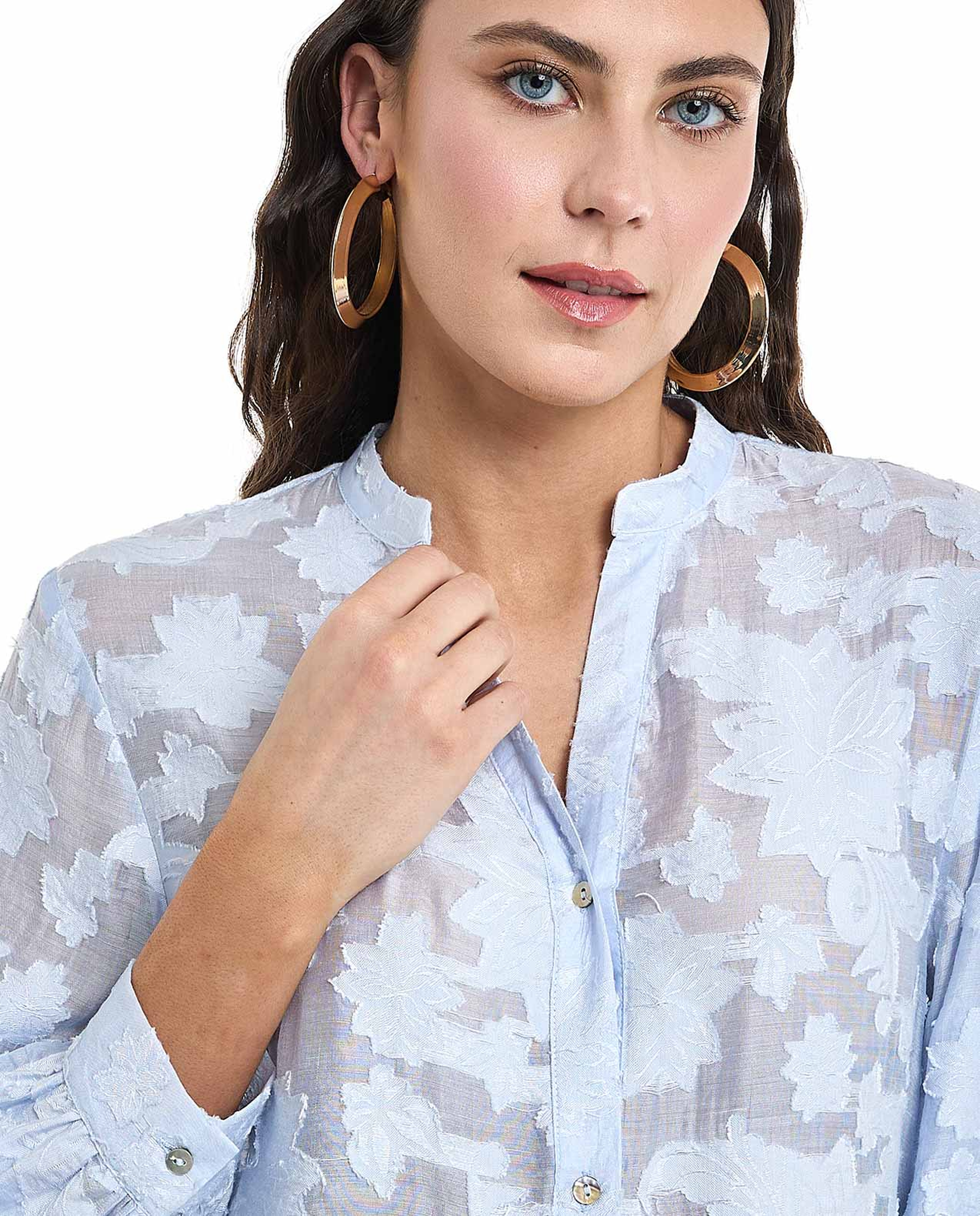 Jacquard Shirt with Stand Collar and Long Sleeves