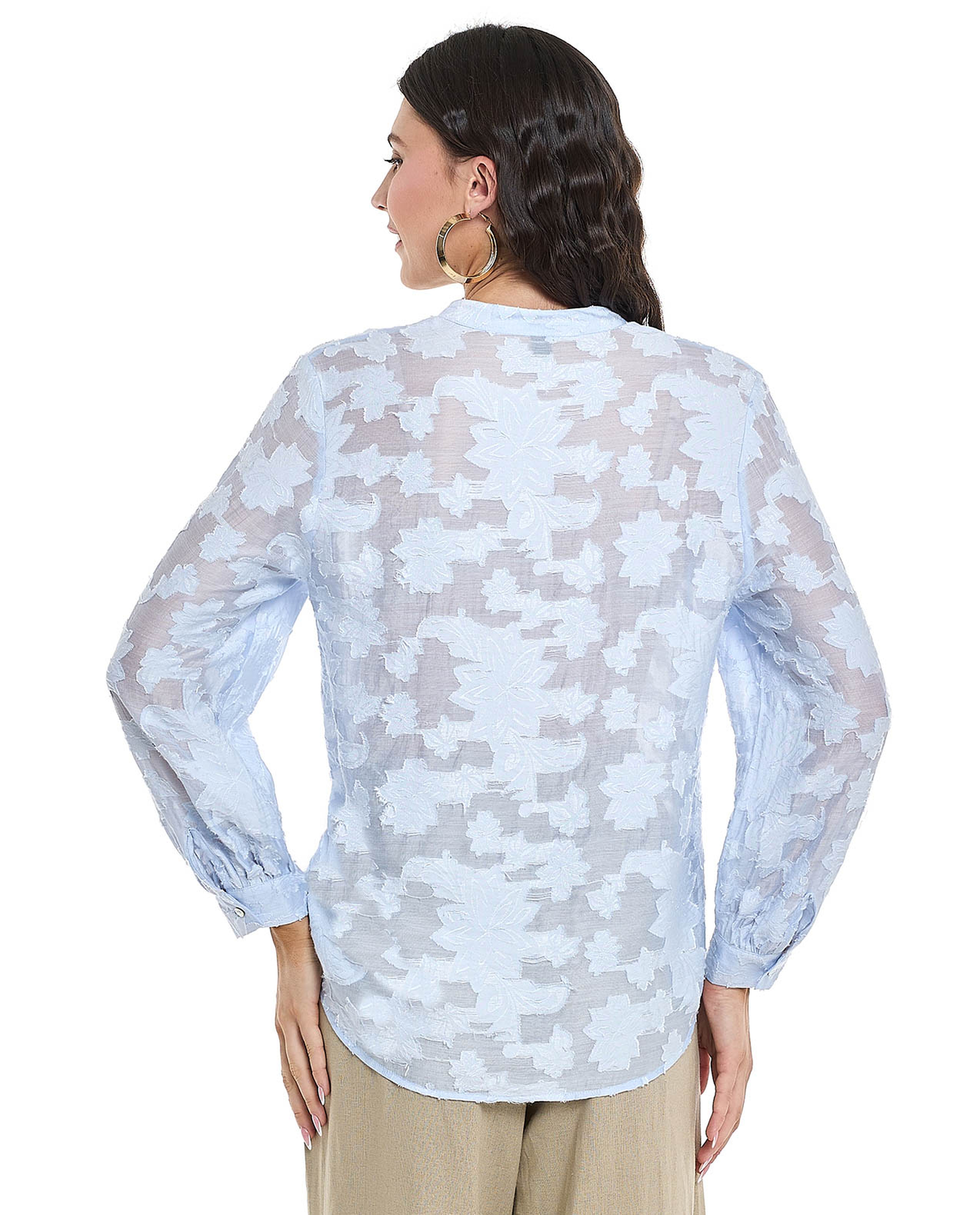 Jacquard Shirt with Stand Collar and Long Sleeves