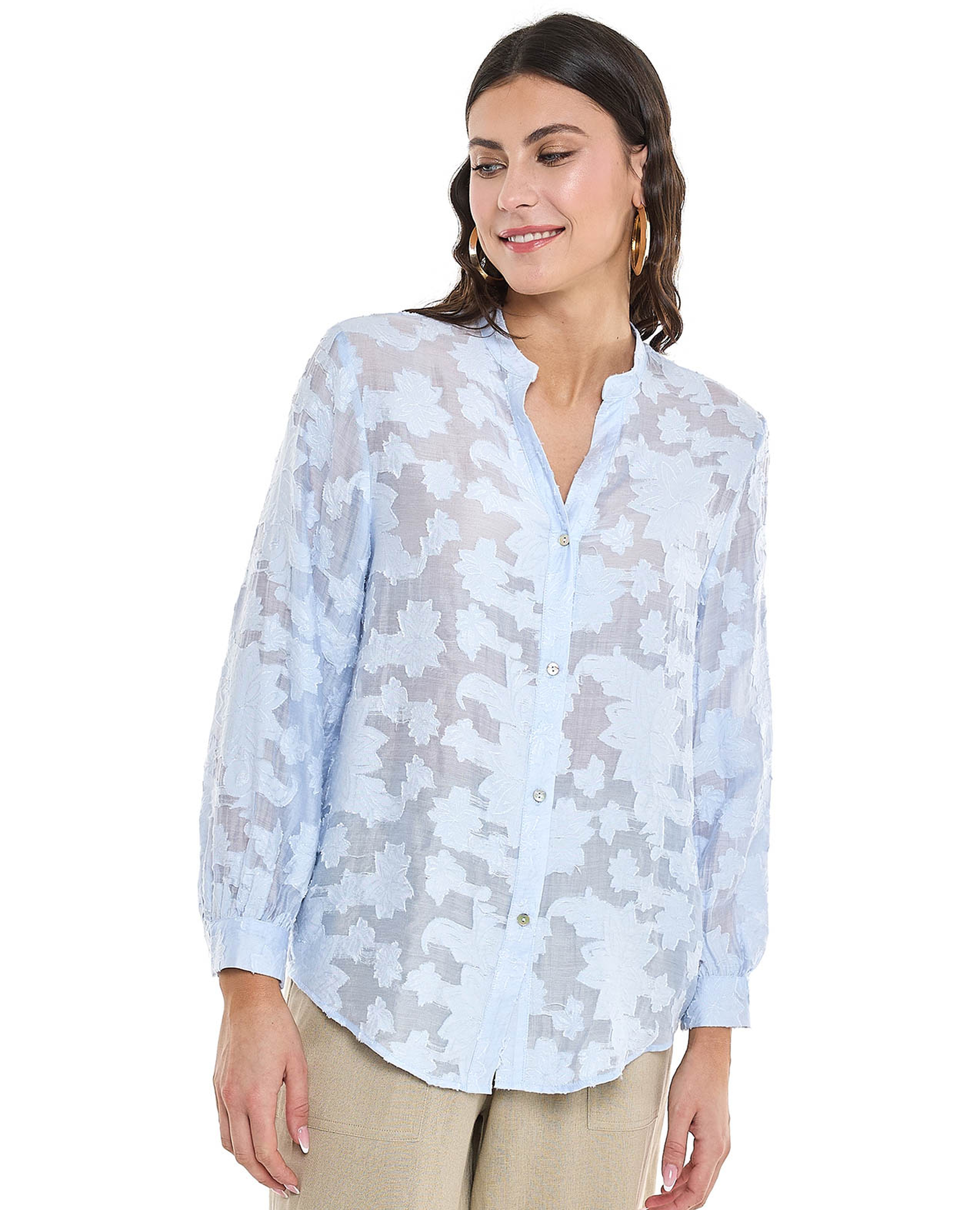 قميص جاكار بياقة واقفة وأكمام طويلة