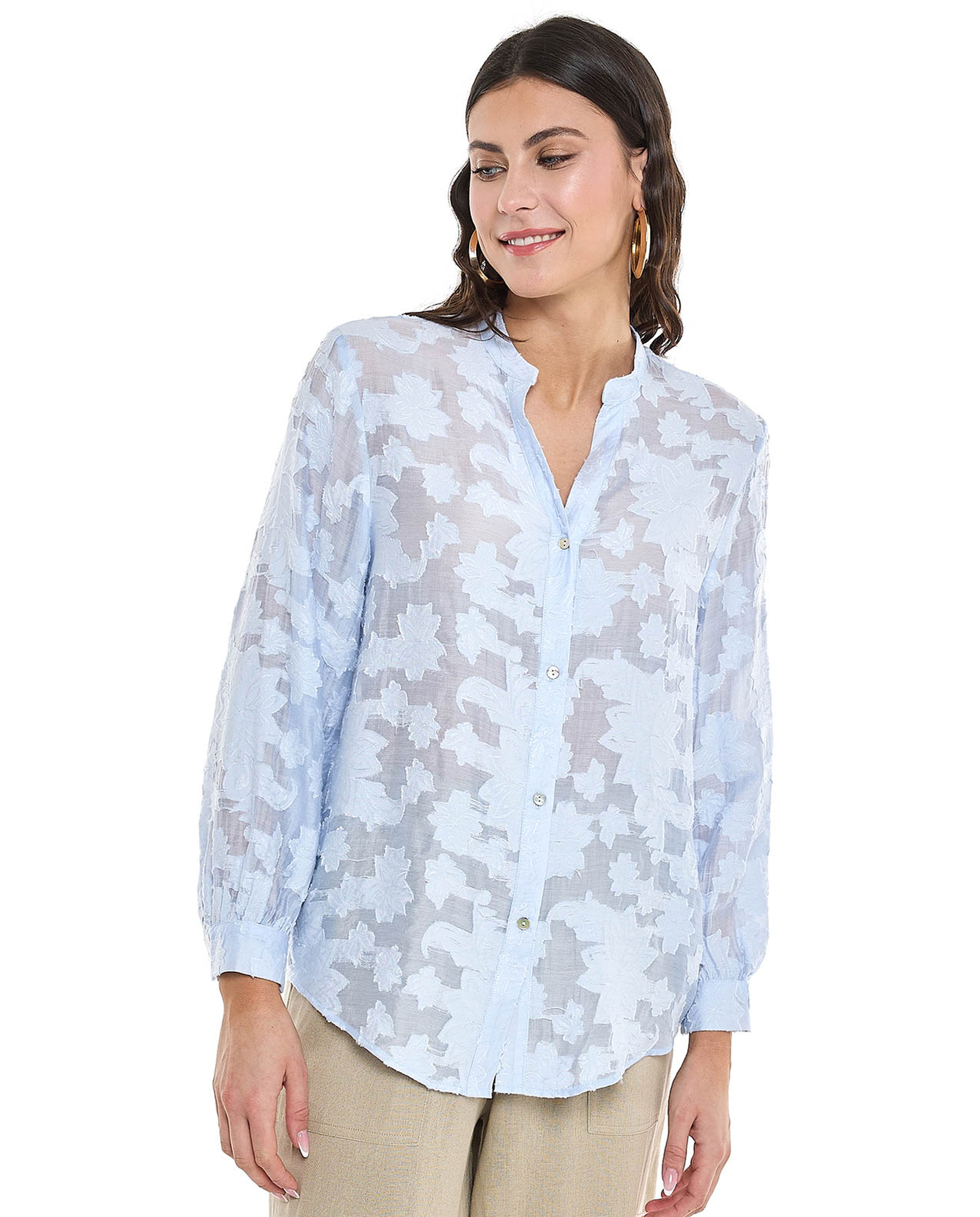 Jacquard Shirt with Stand Collar and Long Sleeves