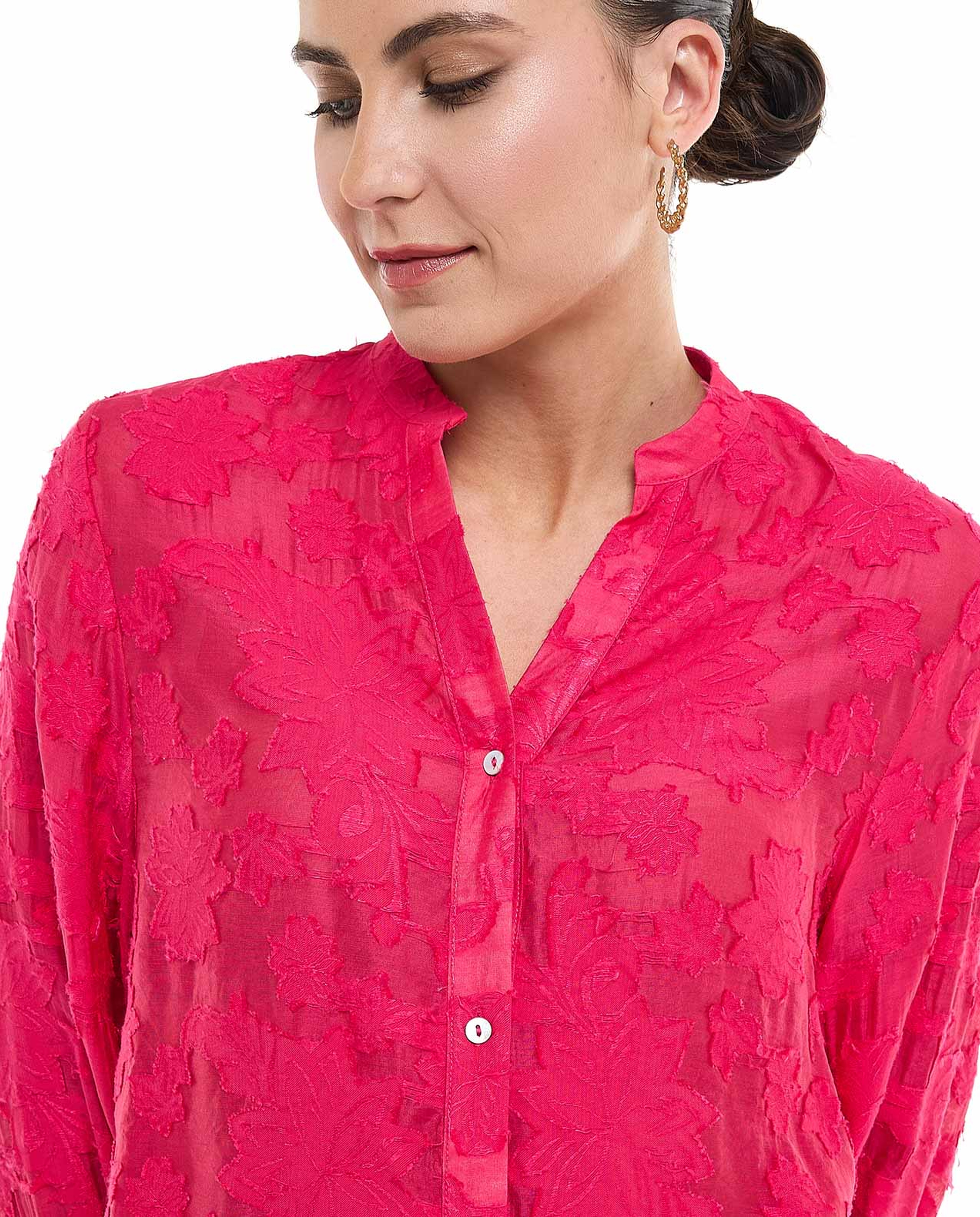 Jacquard Shirt with Stand Collar and Long Sleeves