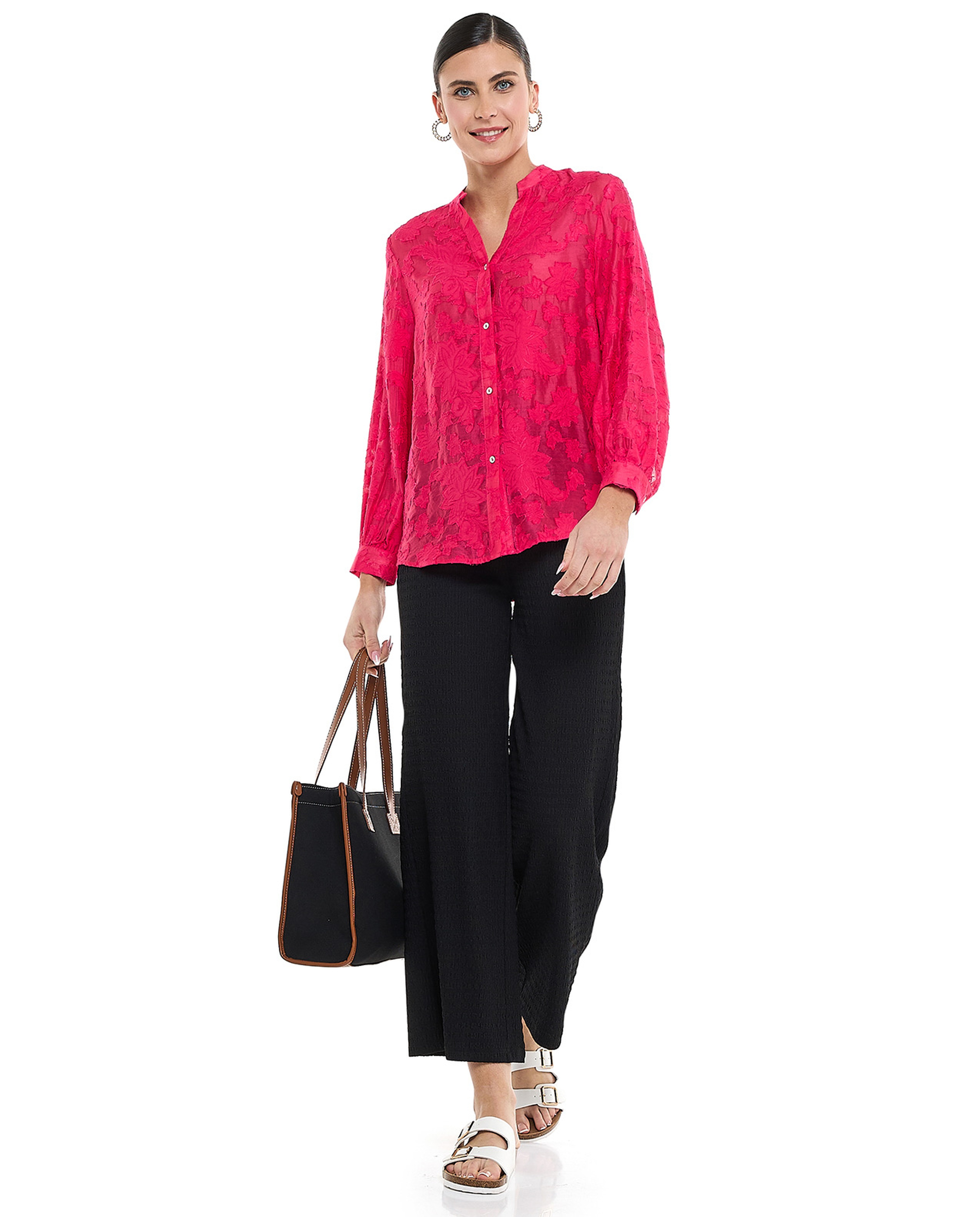 Jacquard Shirt with Stand Collar and Long Sleeves