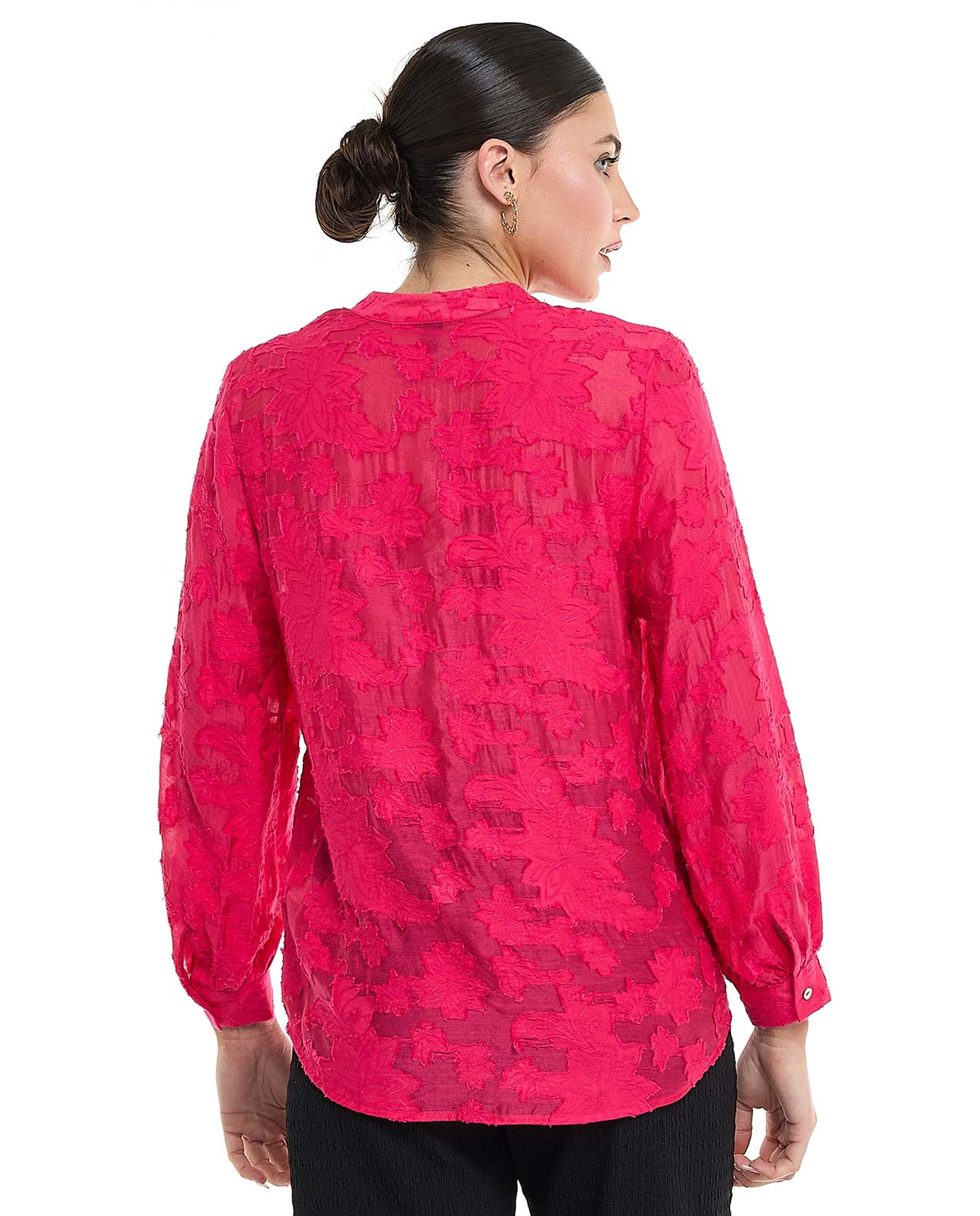 Jacquard Shirt with Stand Collar and Long Sleeves
