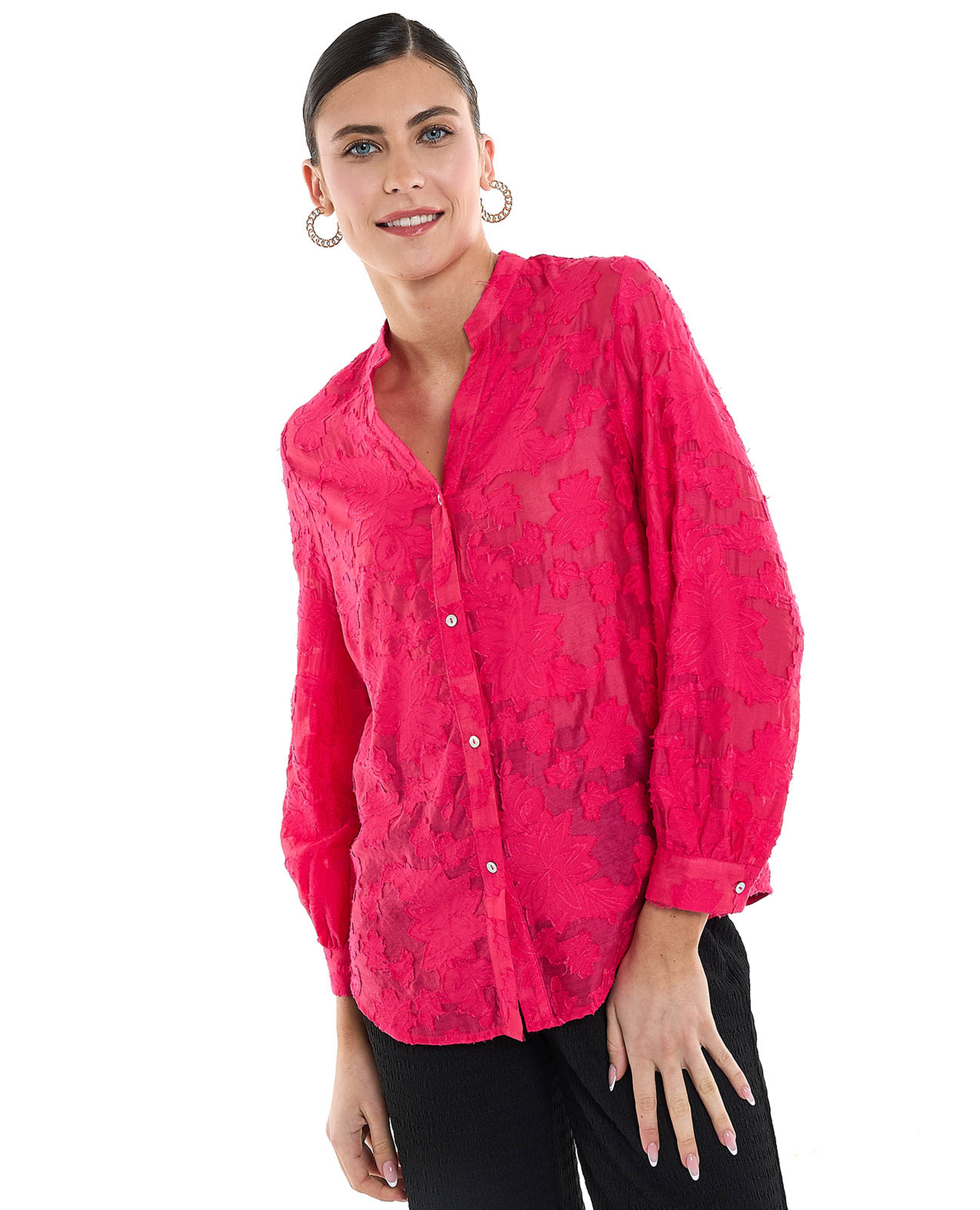 Jacquard Shirt with Stand Collar and Long Sleeves
