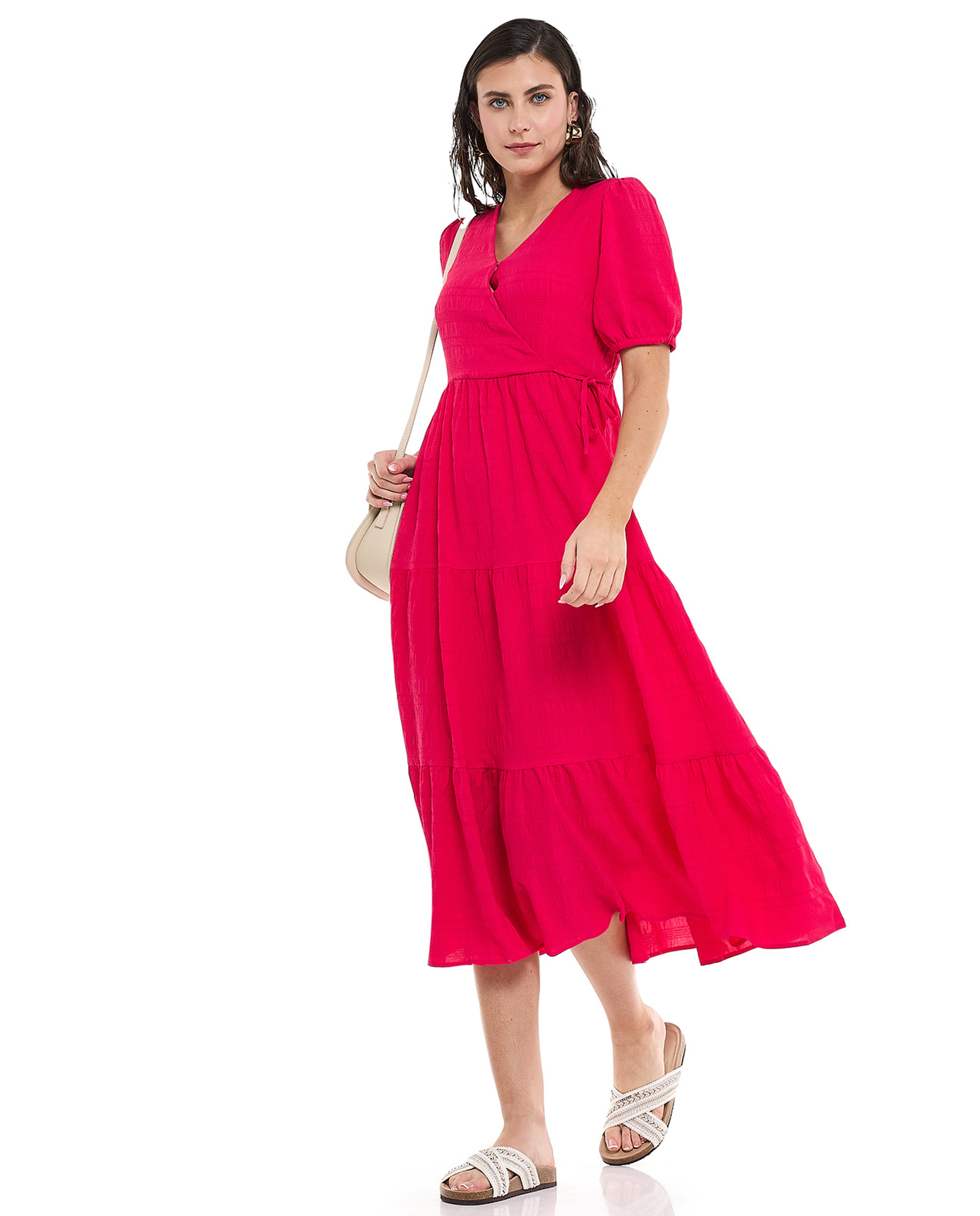 Textured Tiered Dress with V-Neck and Puff Sleeves