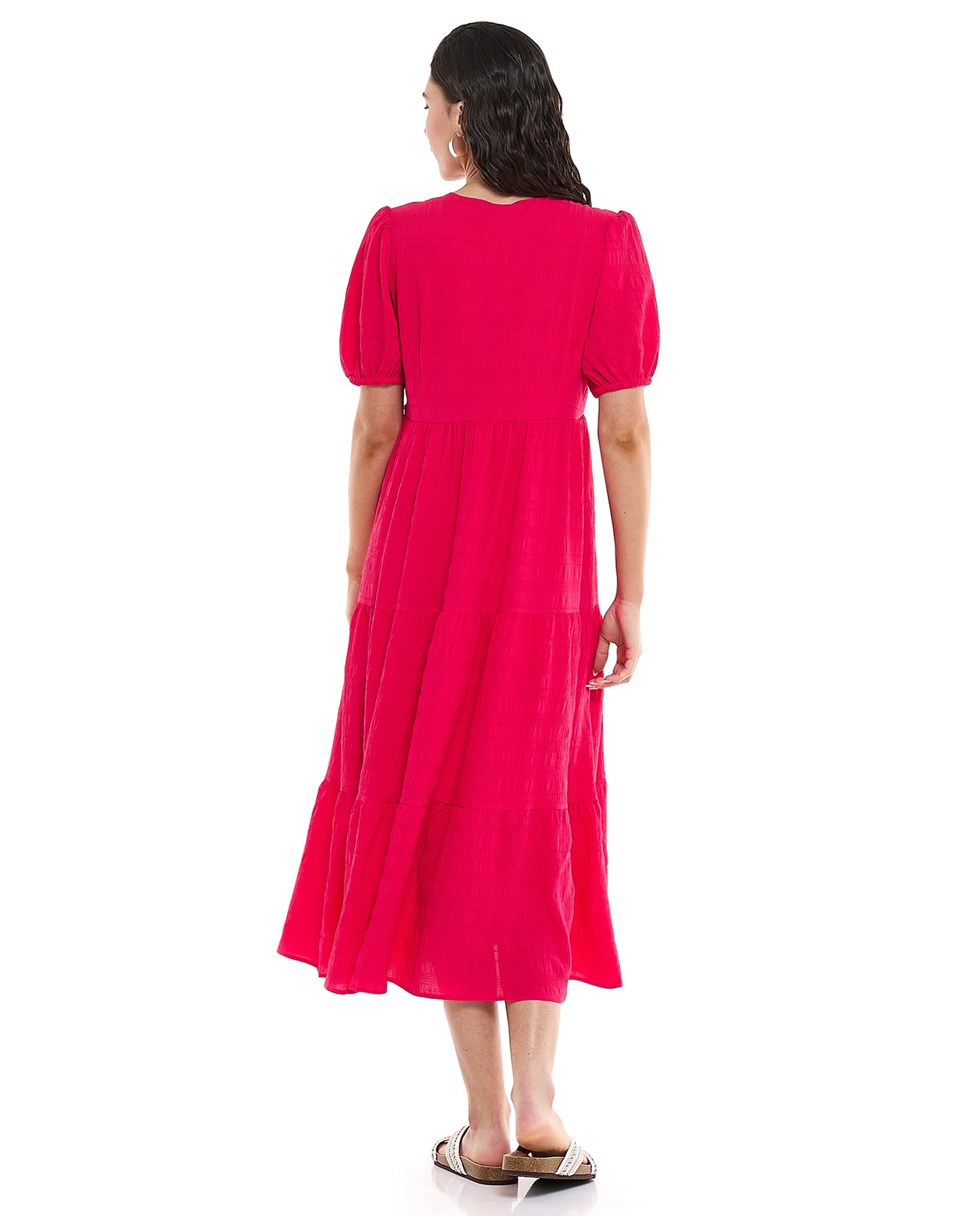 Textured Tiered Dress with V-Neck and Puff Sleeves