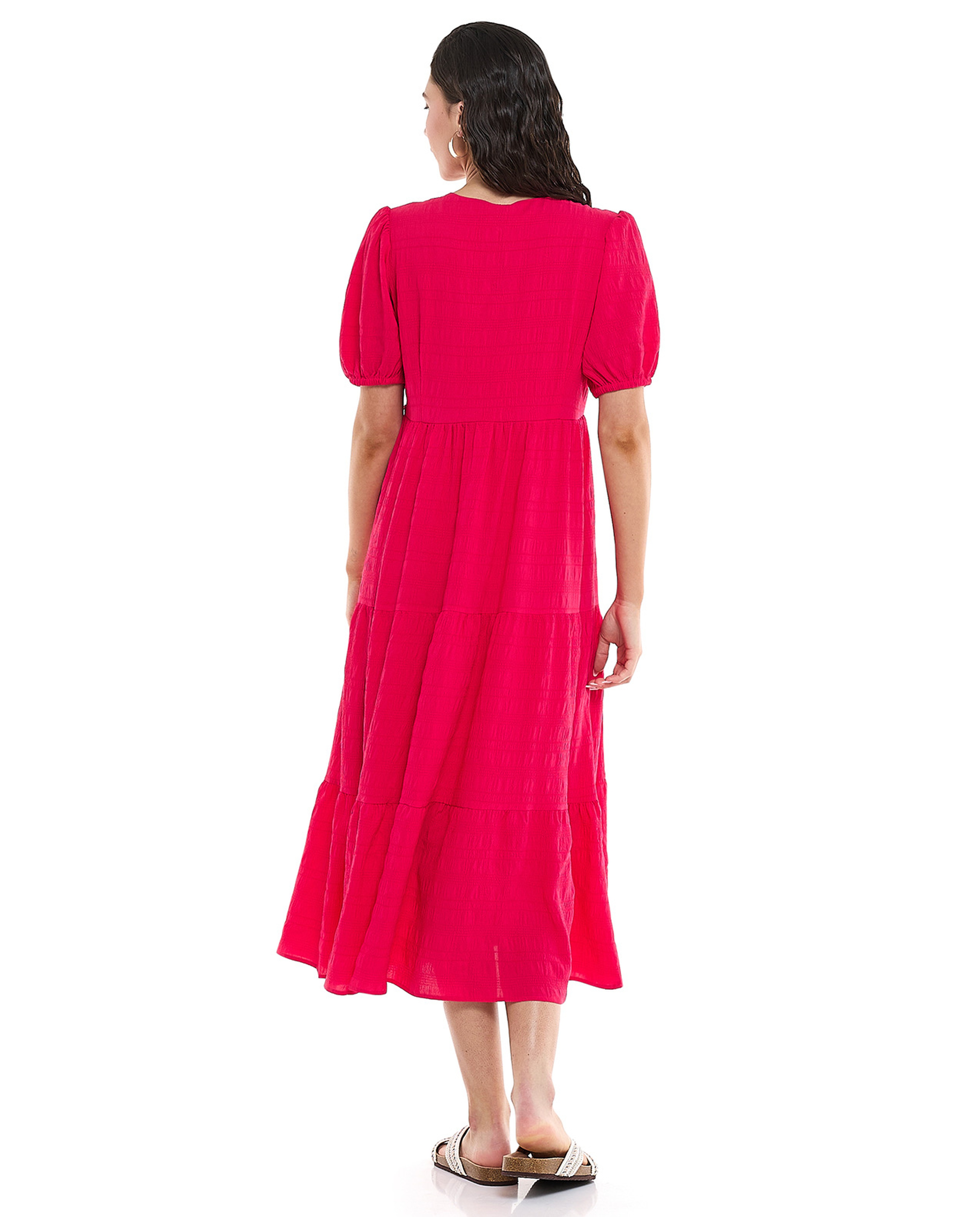 Textured Tiered Dress with V-Neck and Puff Sleeves