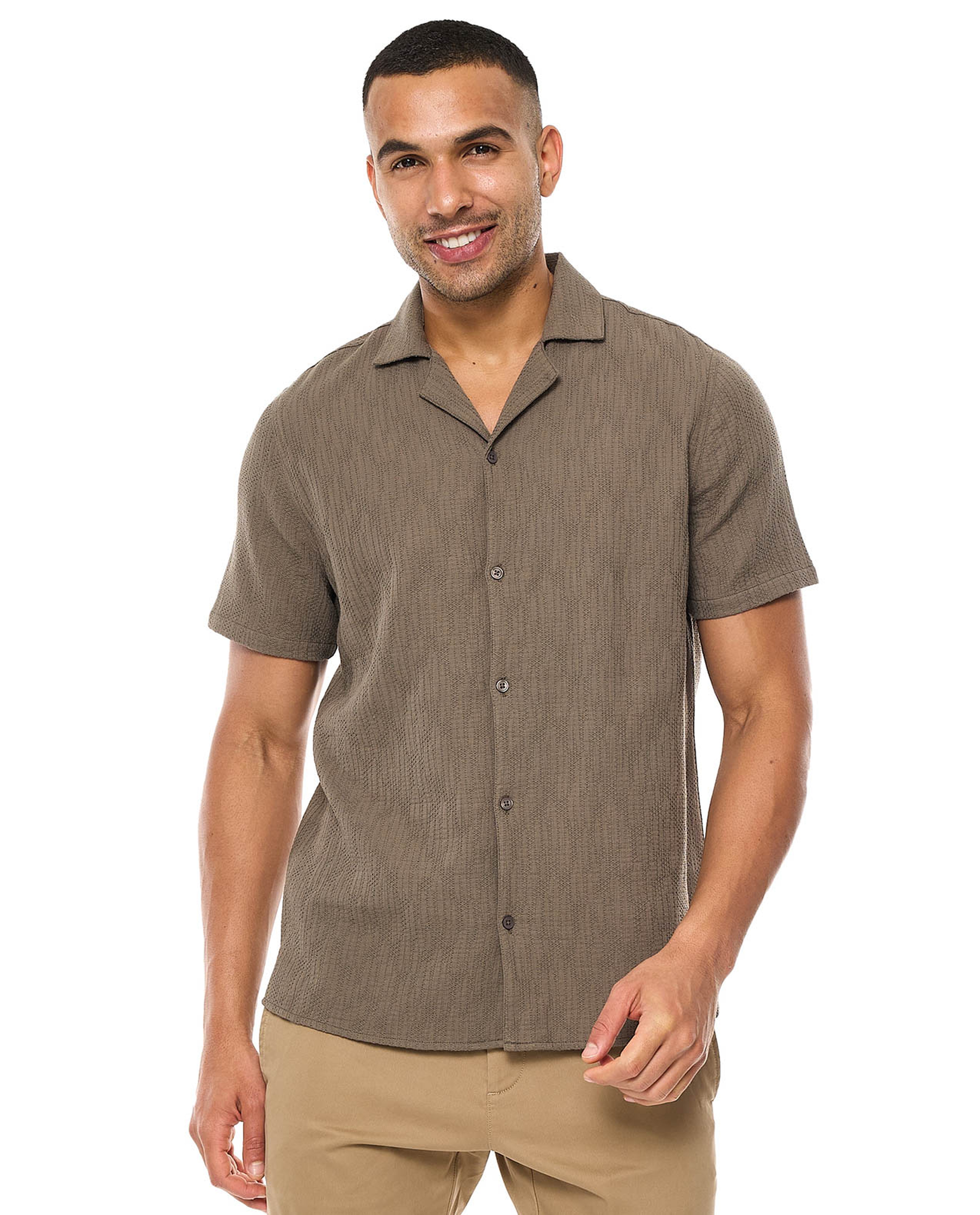 Textured Shirt with Revere Collar and Short Sleeves