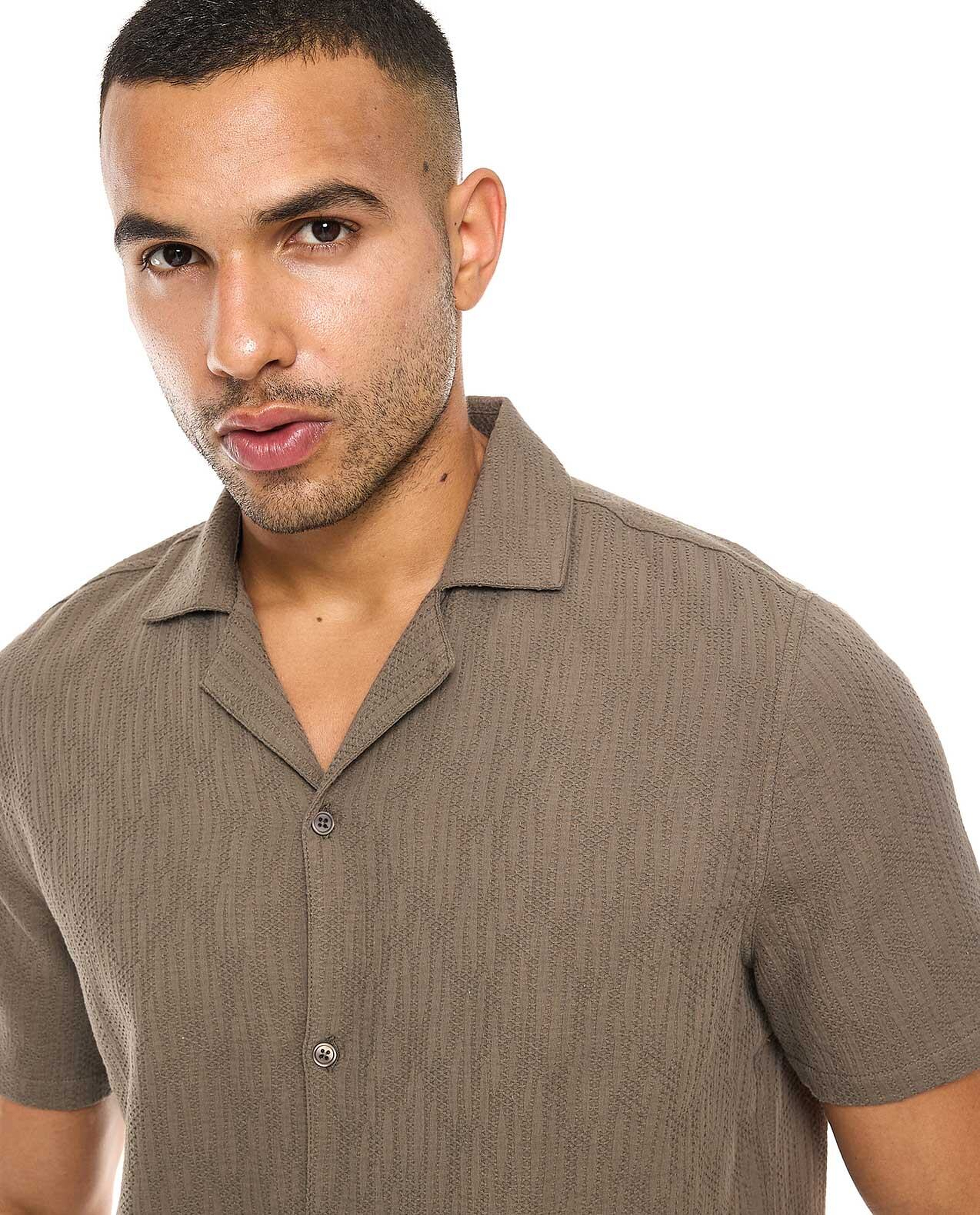 Textured Shirt with Revere Collar and Short Sleeves