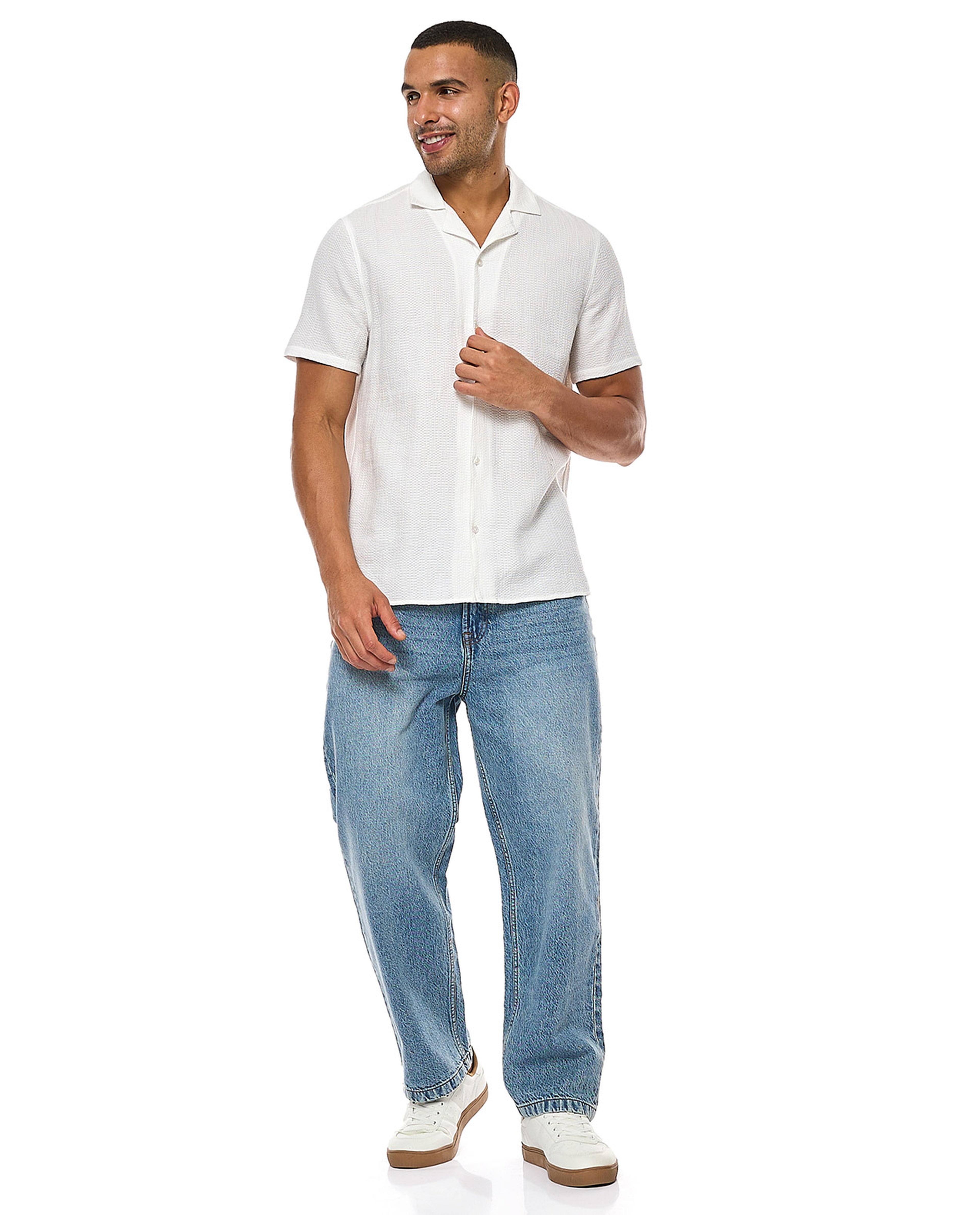 Textured Shirt with Revere Collar and Short Sleeves