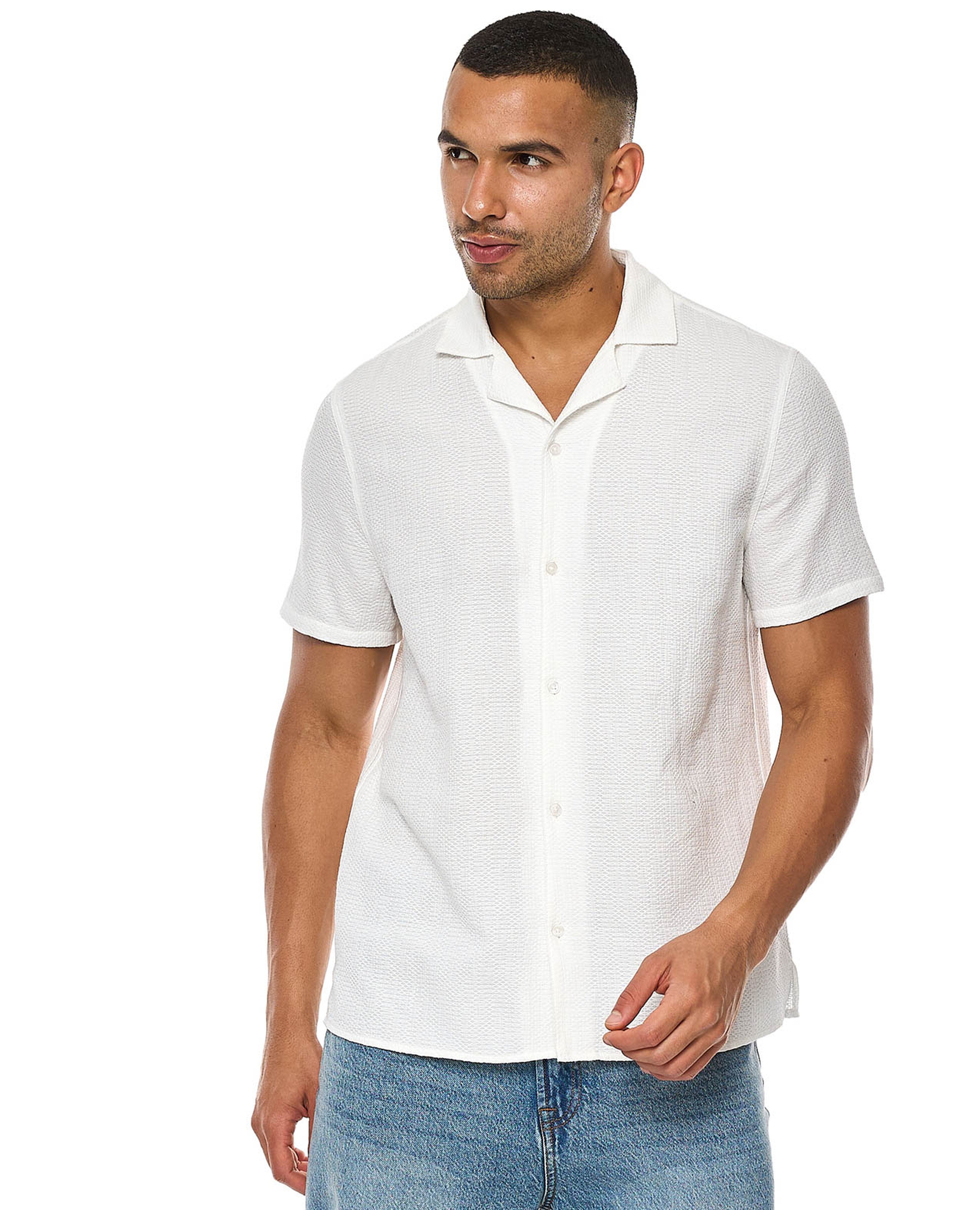 Textured Shirt with Revere Collar and Short Sleeves