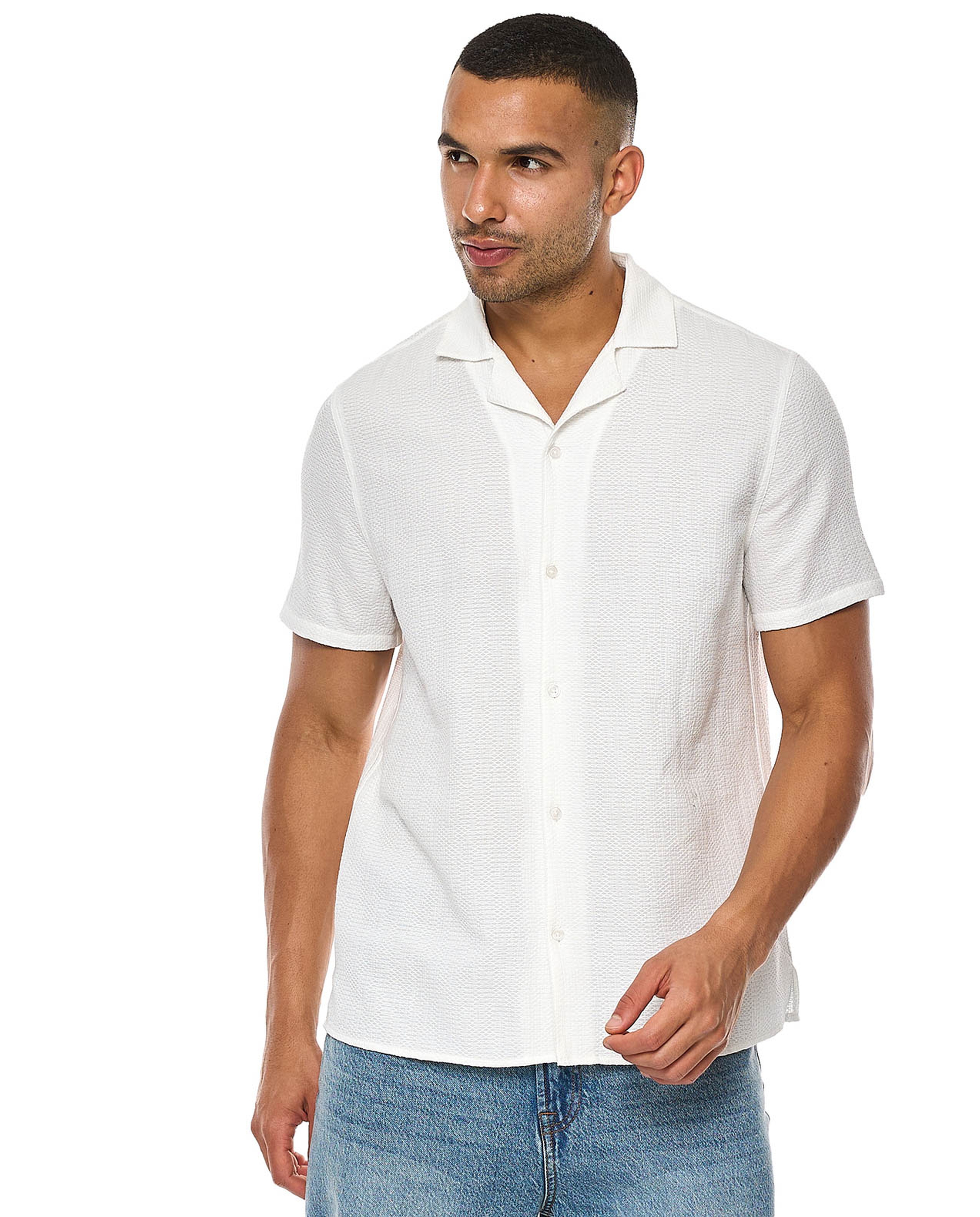 Textured Shirt with Revere Collar and Short Sleeves