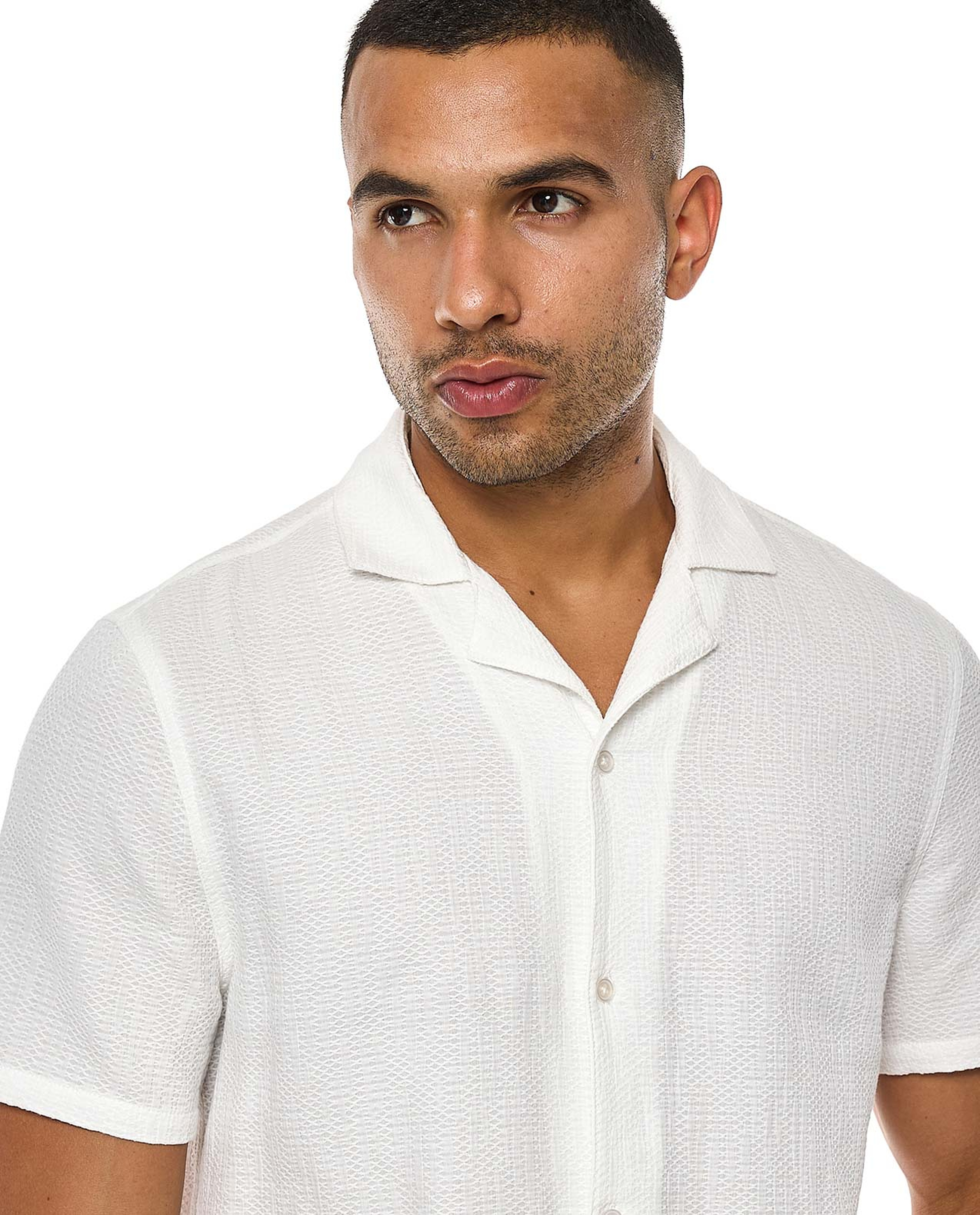 Textured Shirt with Revere Collar and Short Sleeves