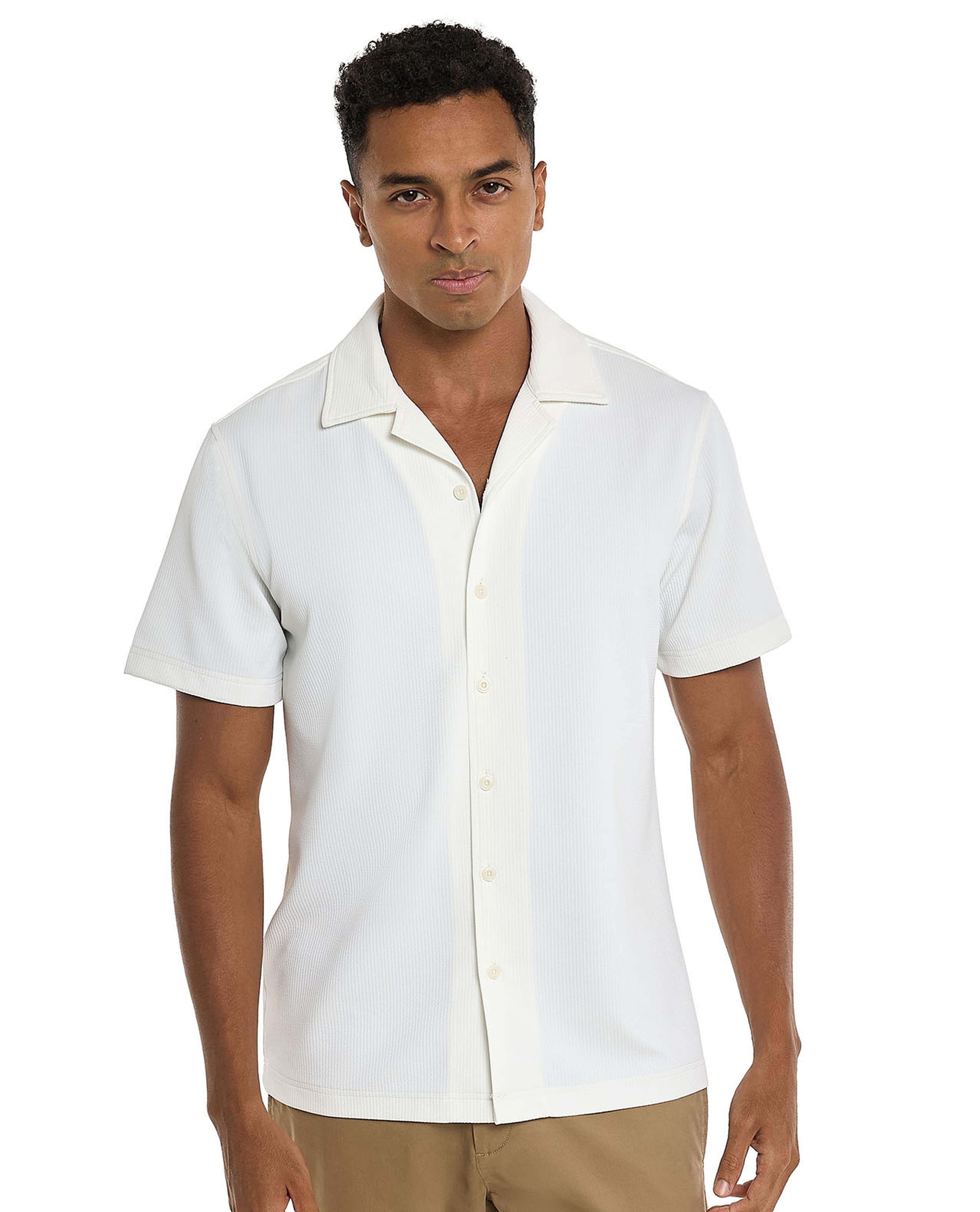 Textured Shirt with Revere Collar and Short Sleeves
