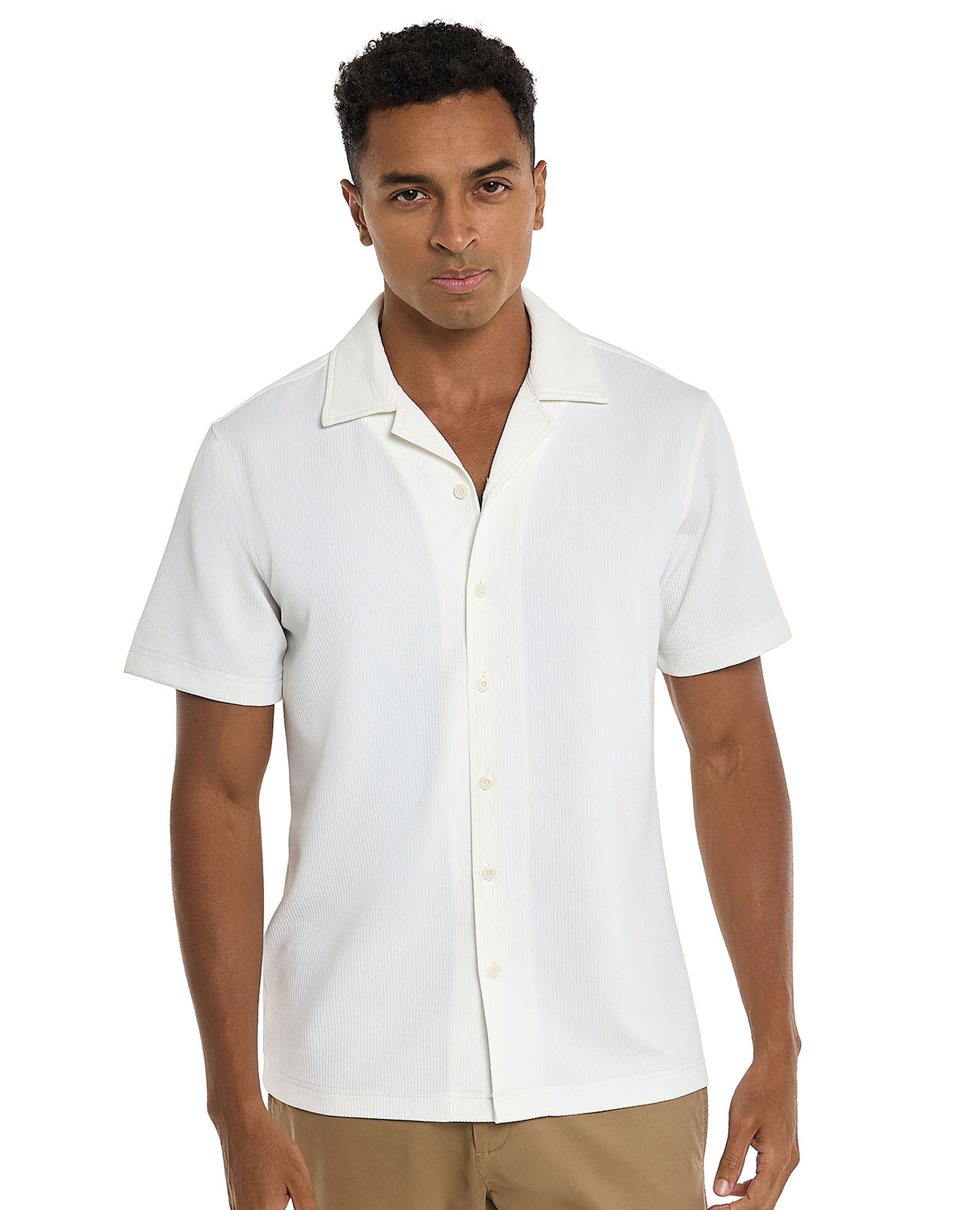Textured Shirt with Revere Collar and Short Sleeves