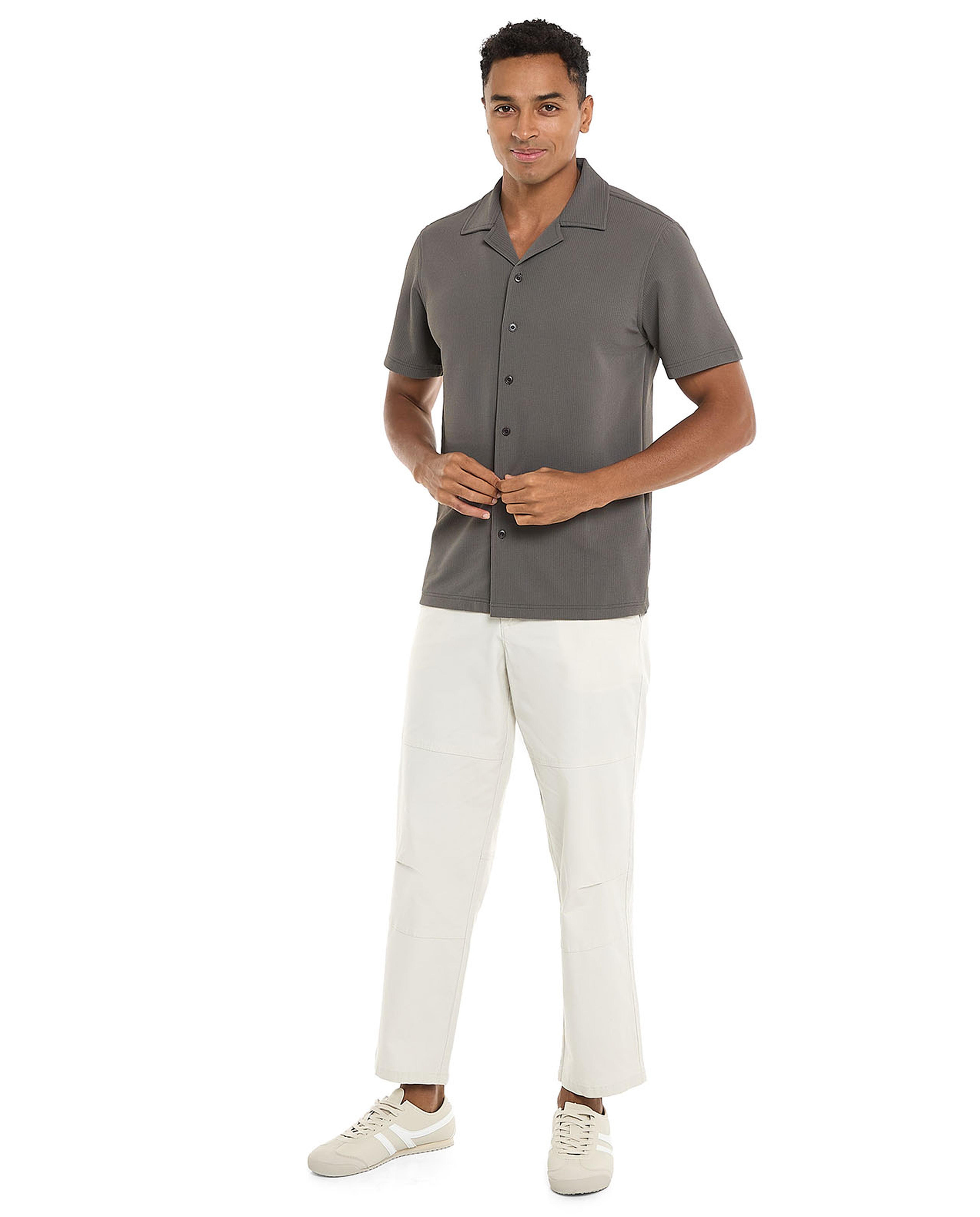 Textured Shirt with Revere Collar and Short Sleeves