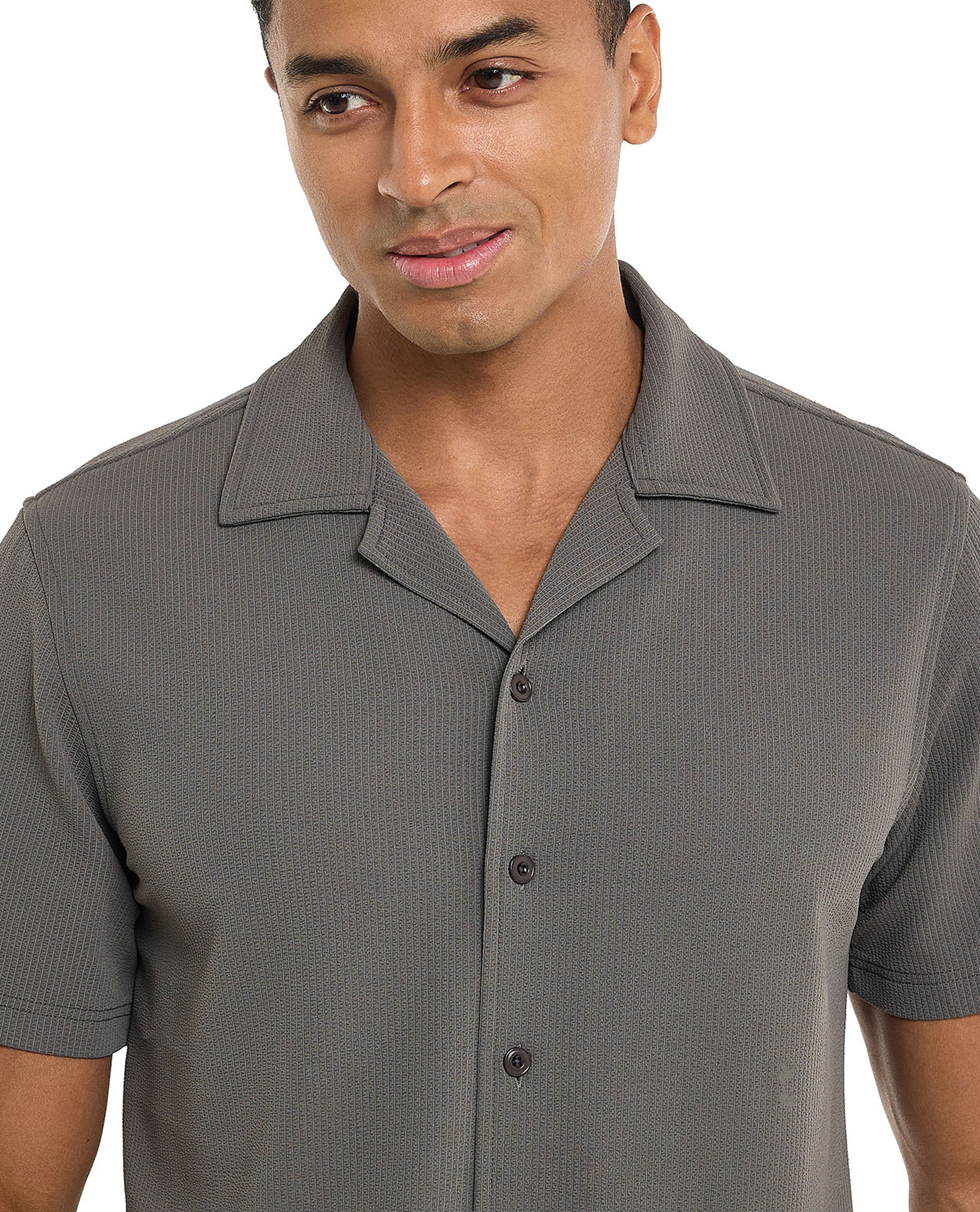 Textured Shirt with Revere Collar and Short Sleeves