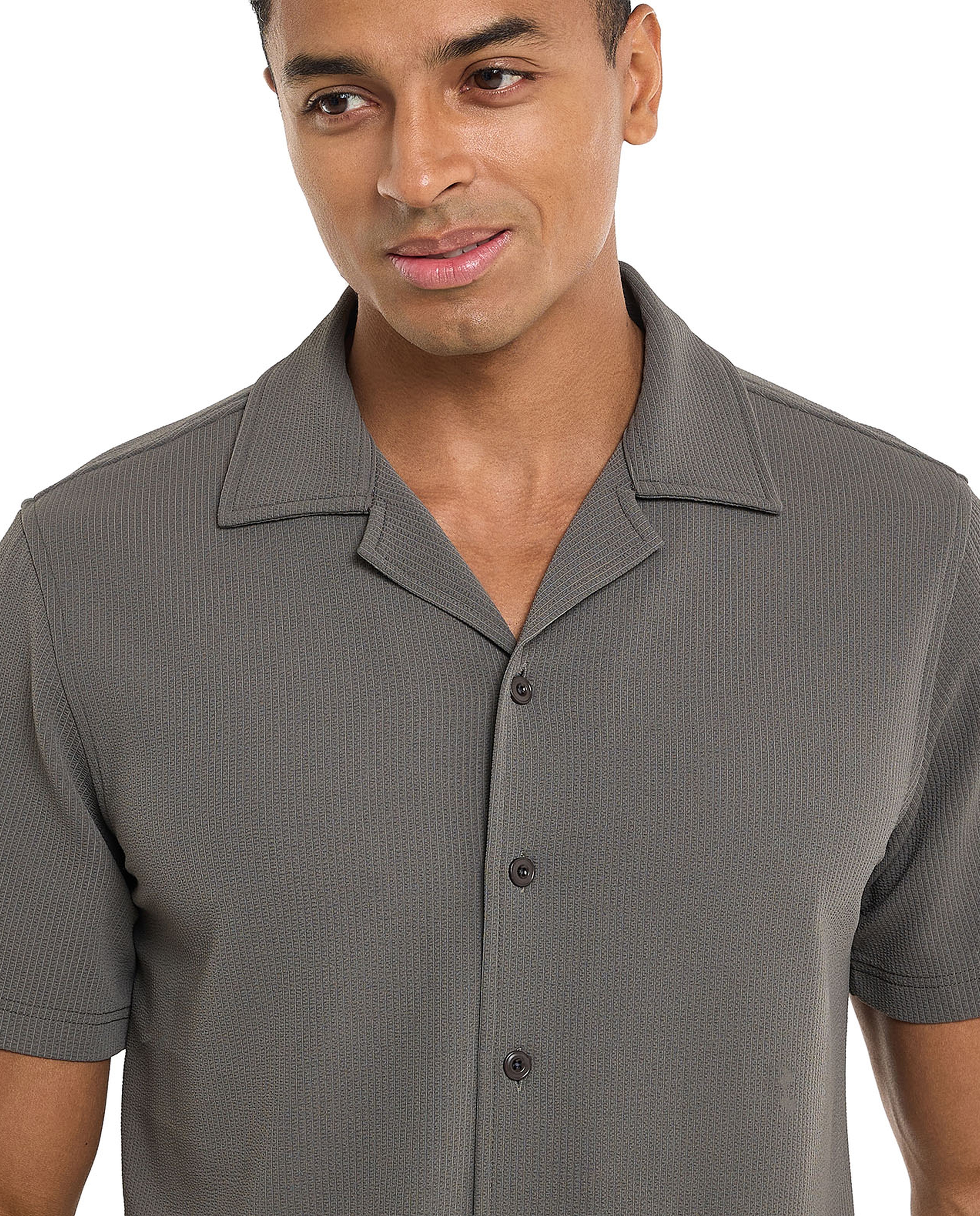 Textured Shirt with Revere Collar and Short Sleeves