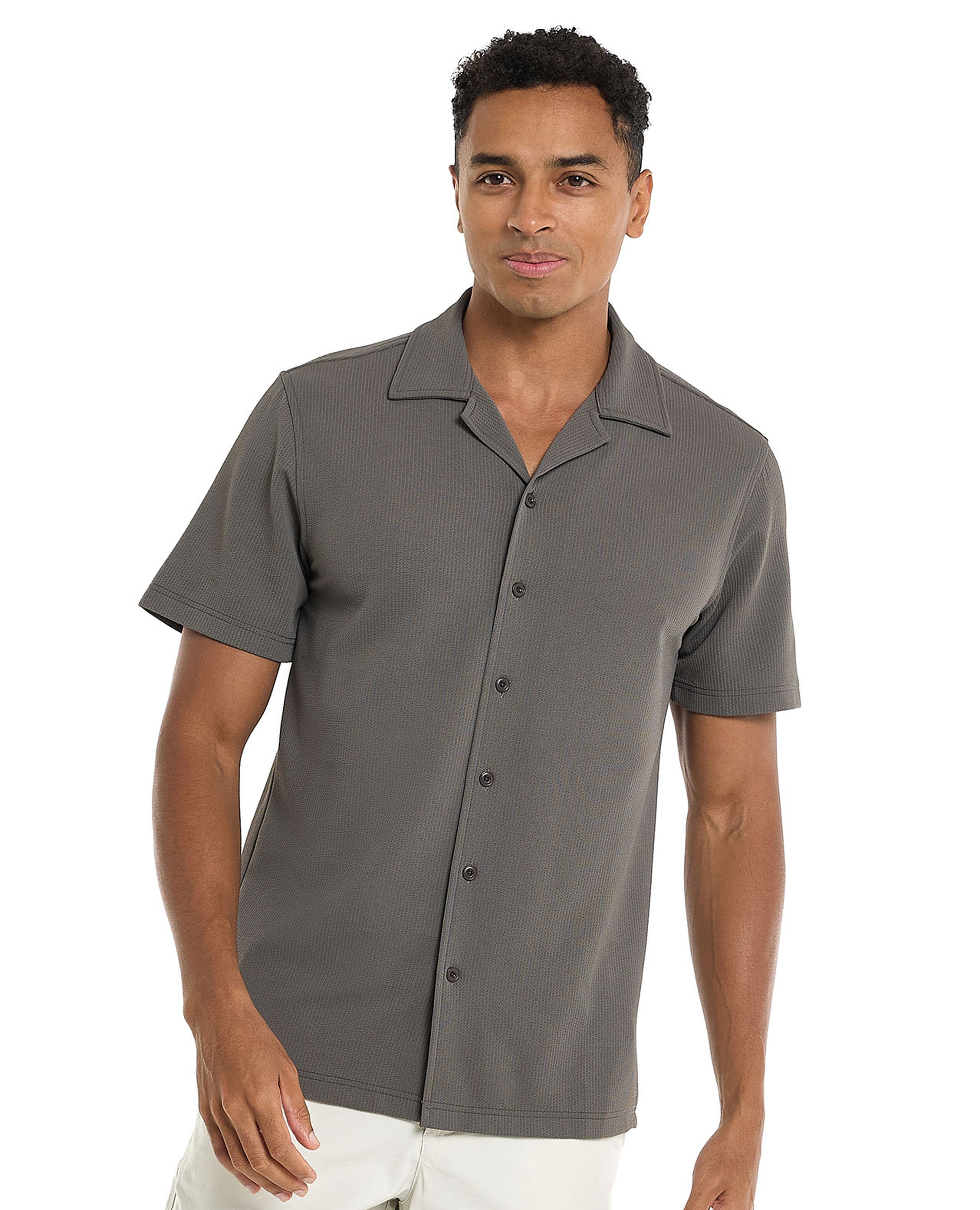 Textured Shirt with Revere Collar and Short Sleeves