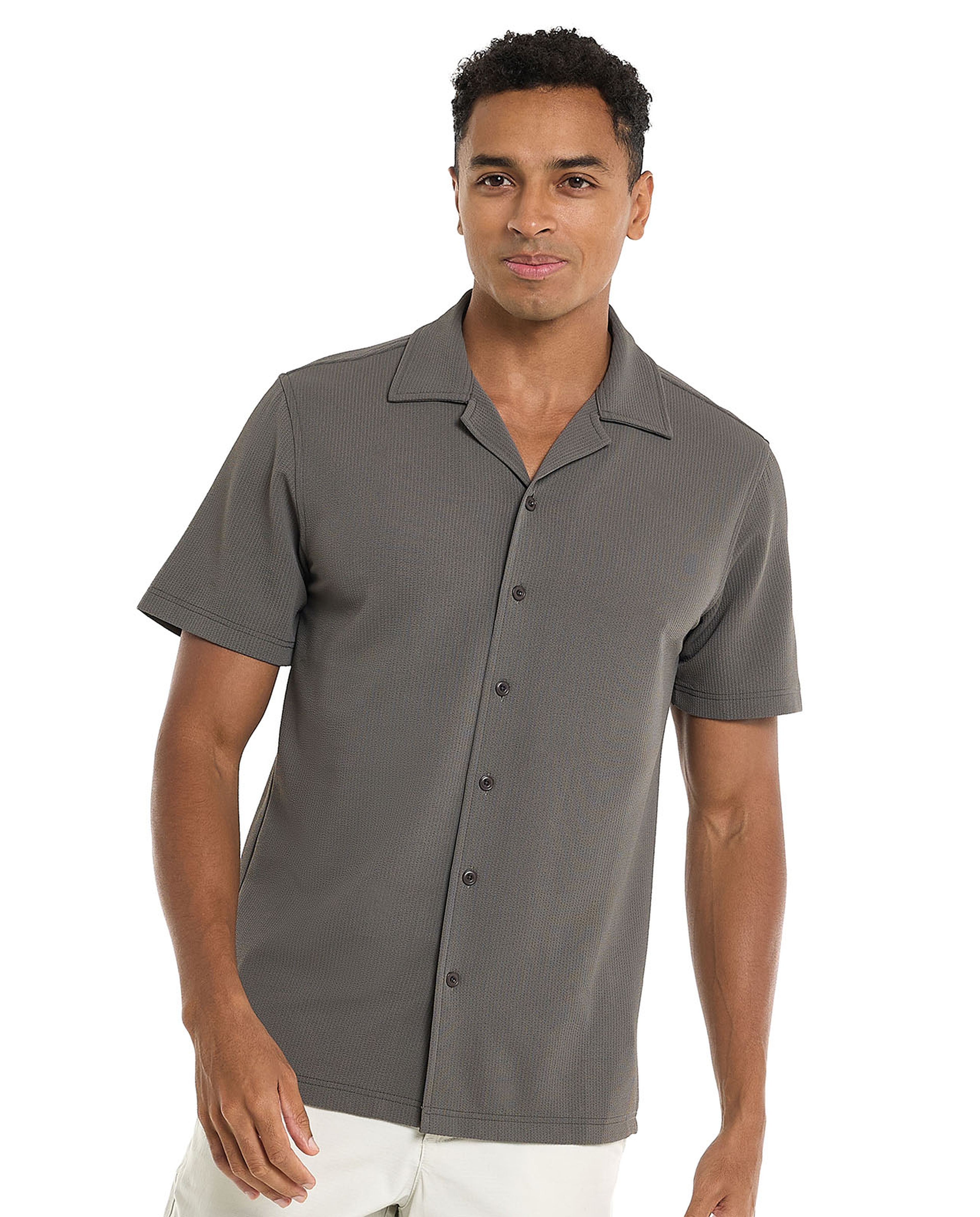 Textured Shirt with Revere Collar and Short Sleeves