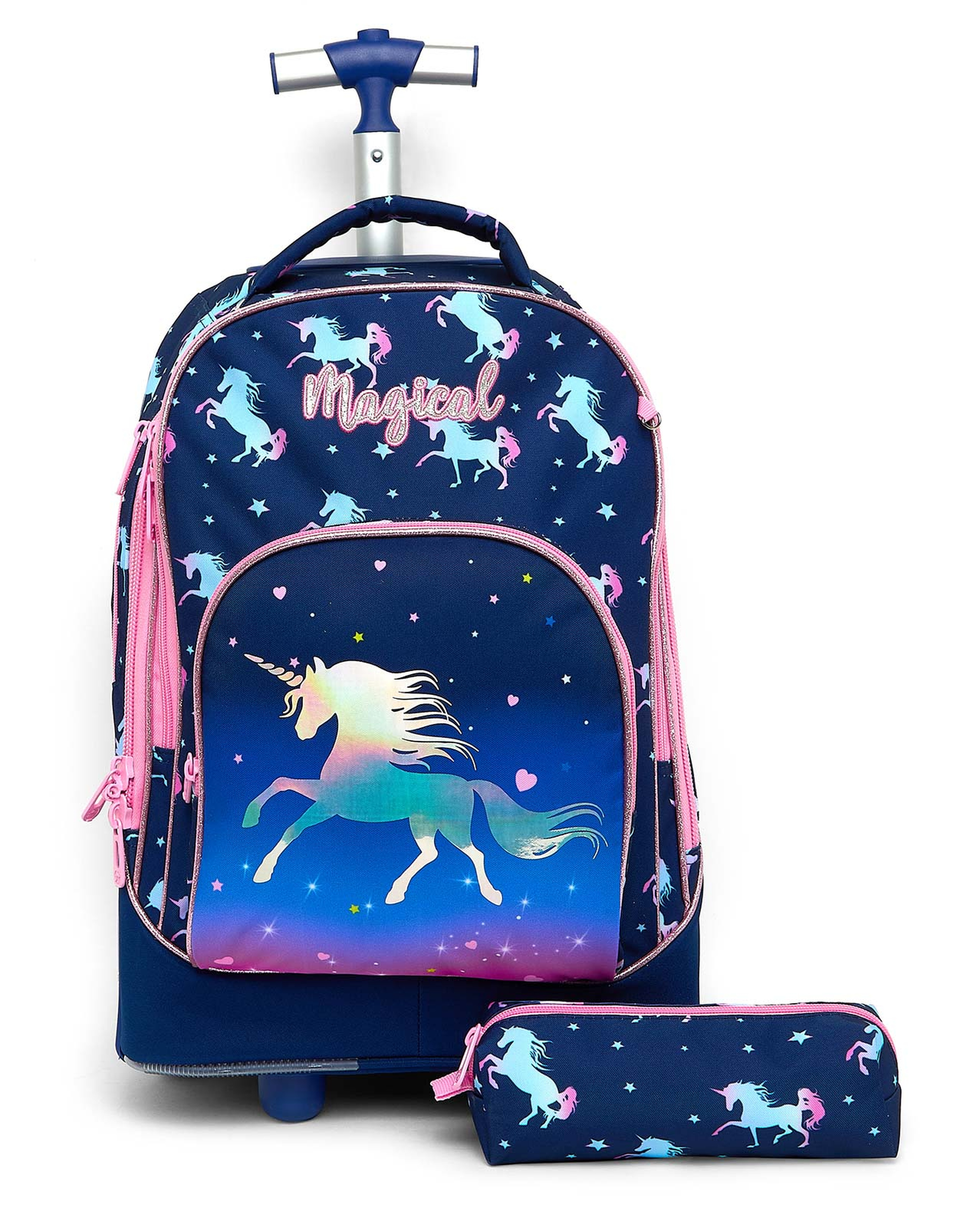 Unicorn Print Trolley Backpack with Pencil Pouch