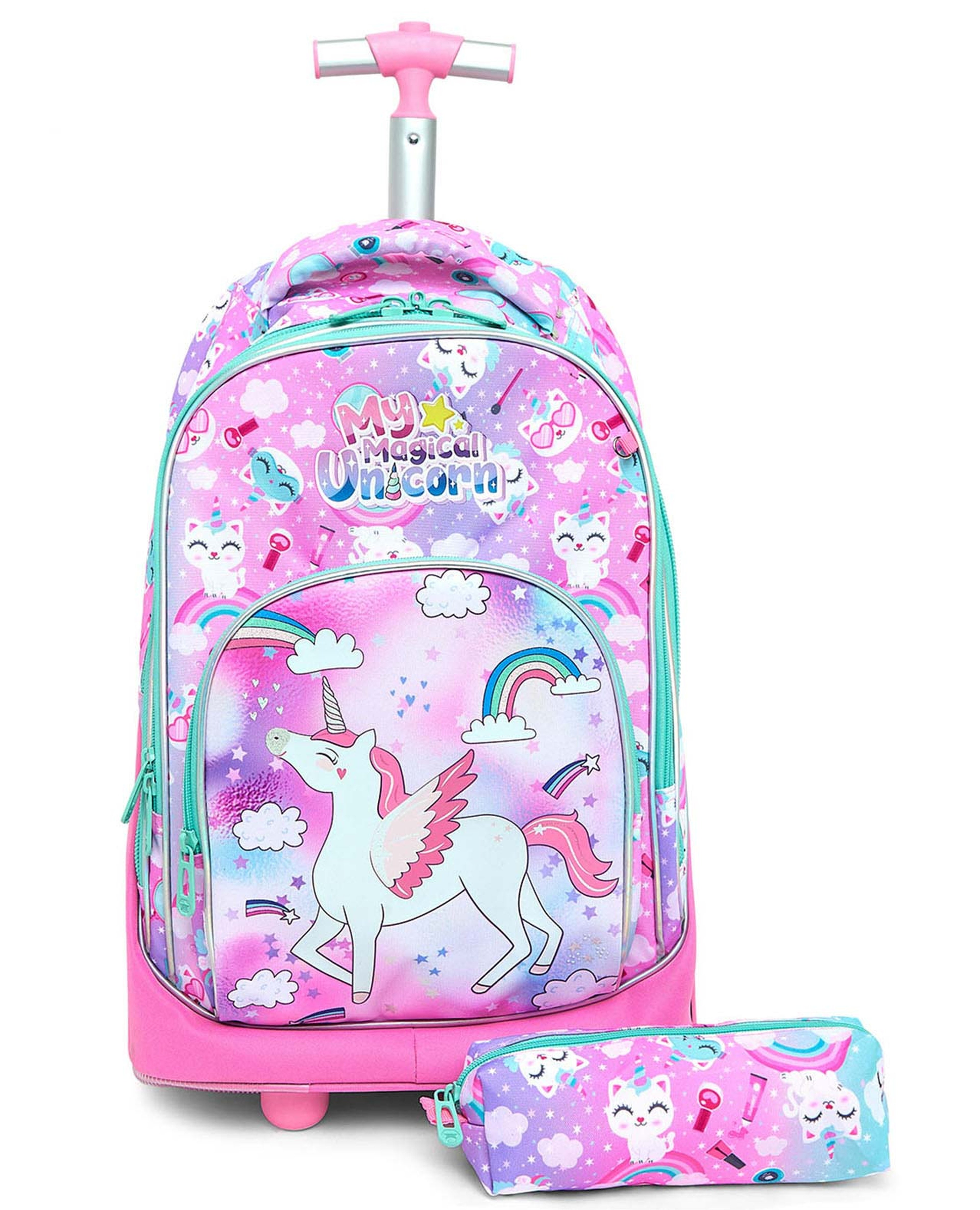 Unicorn Print Trolley Backpack with Pencil Pouch