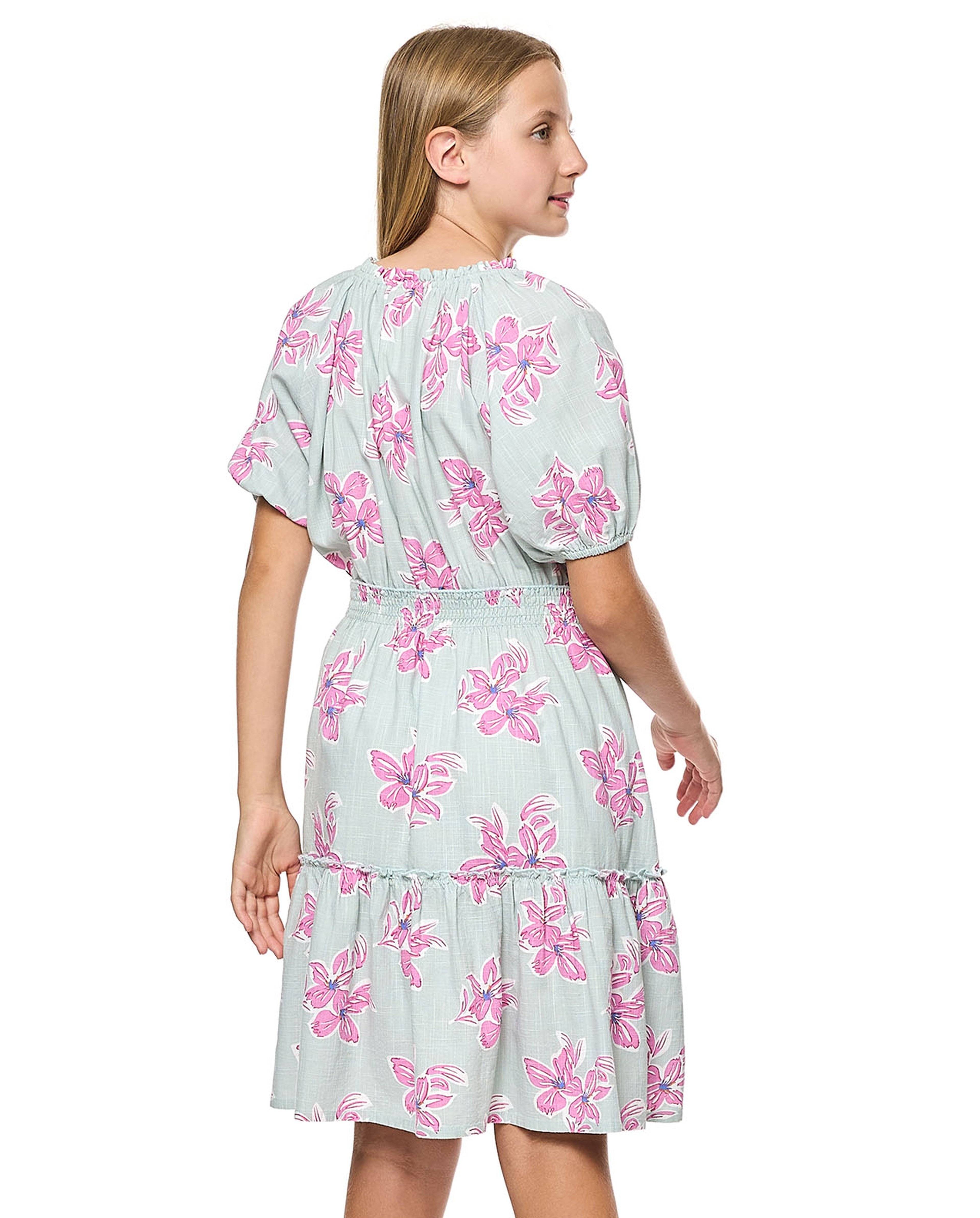 Floral Print Tiered Dress with Puff Sleeves