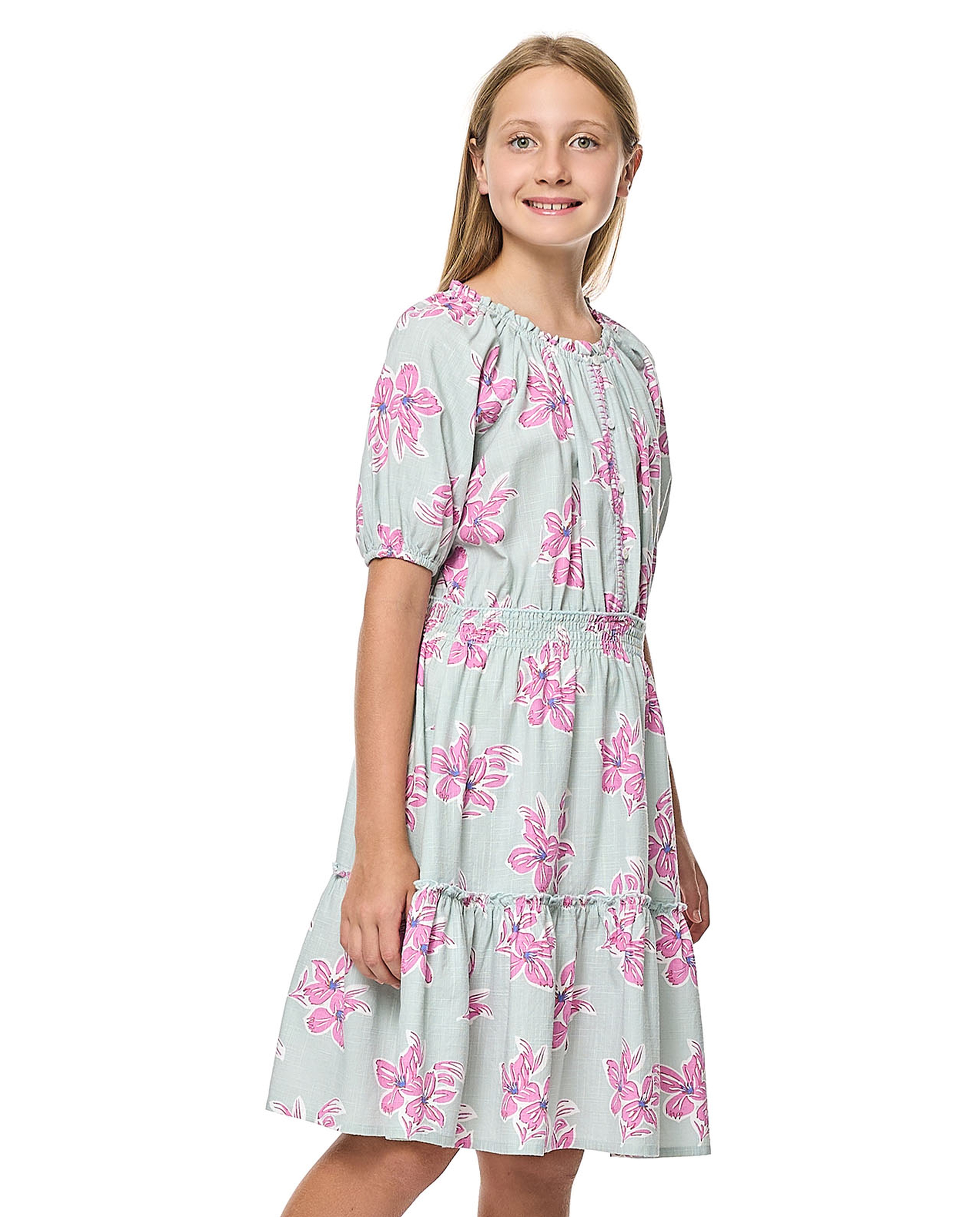 Floral Print Tiered Dress with Puff Sleeves