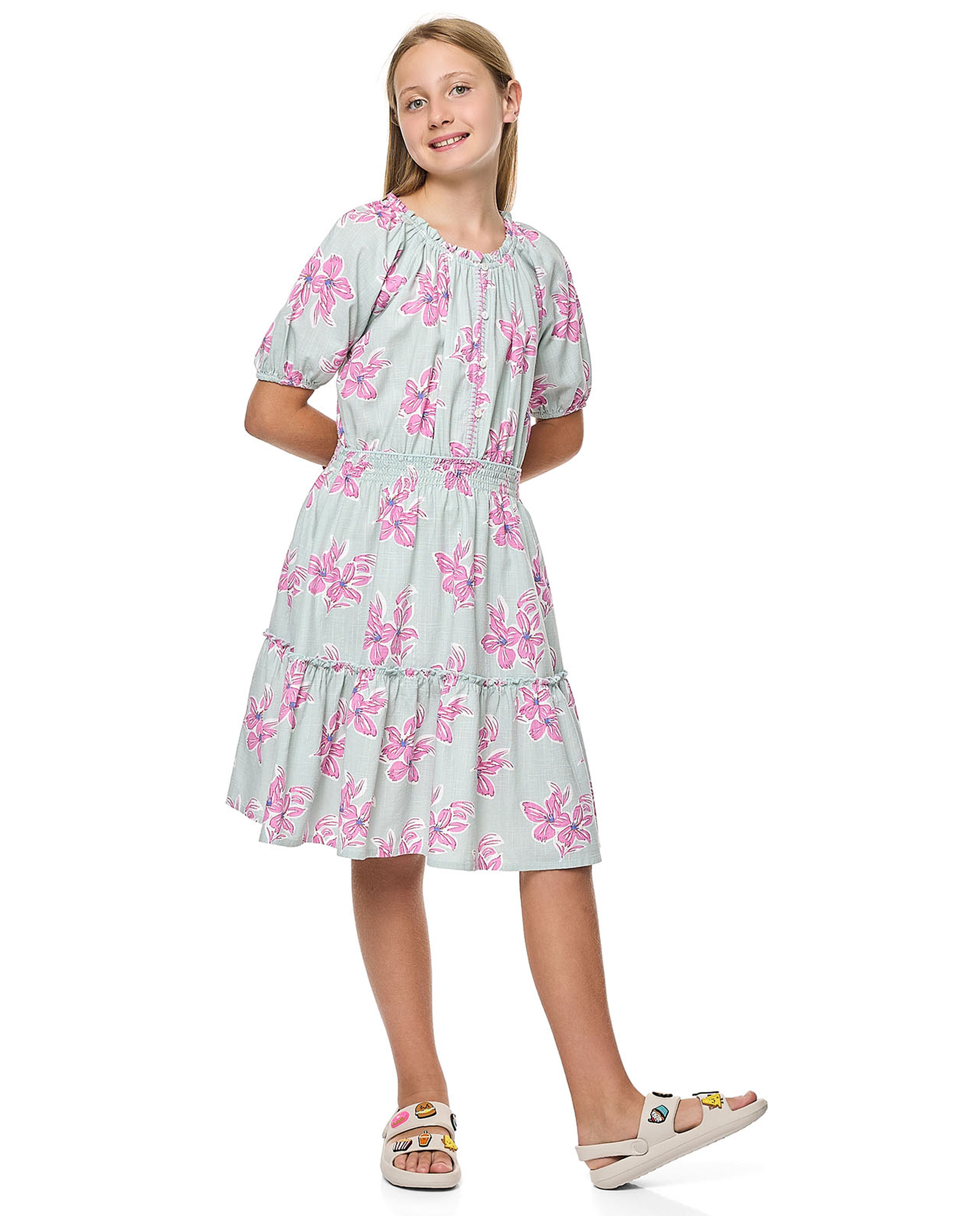 Floral Print Tiered Dress with Puff Sleeves