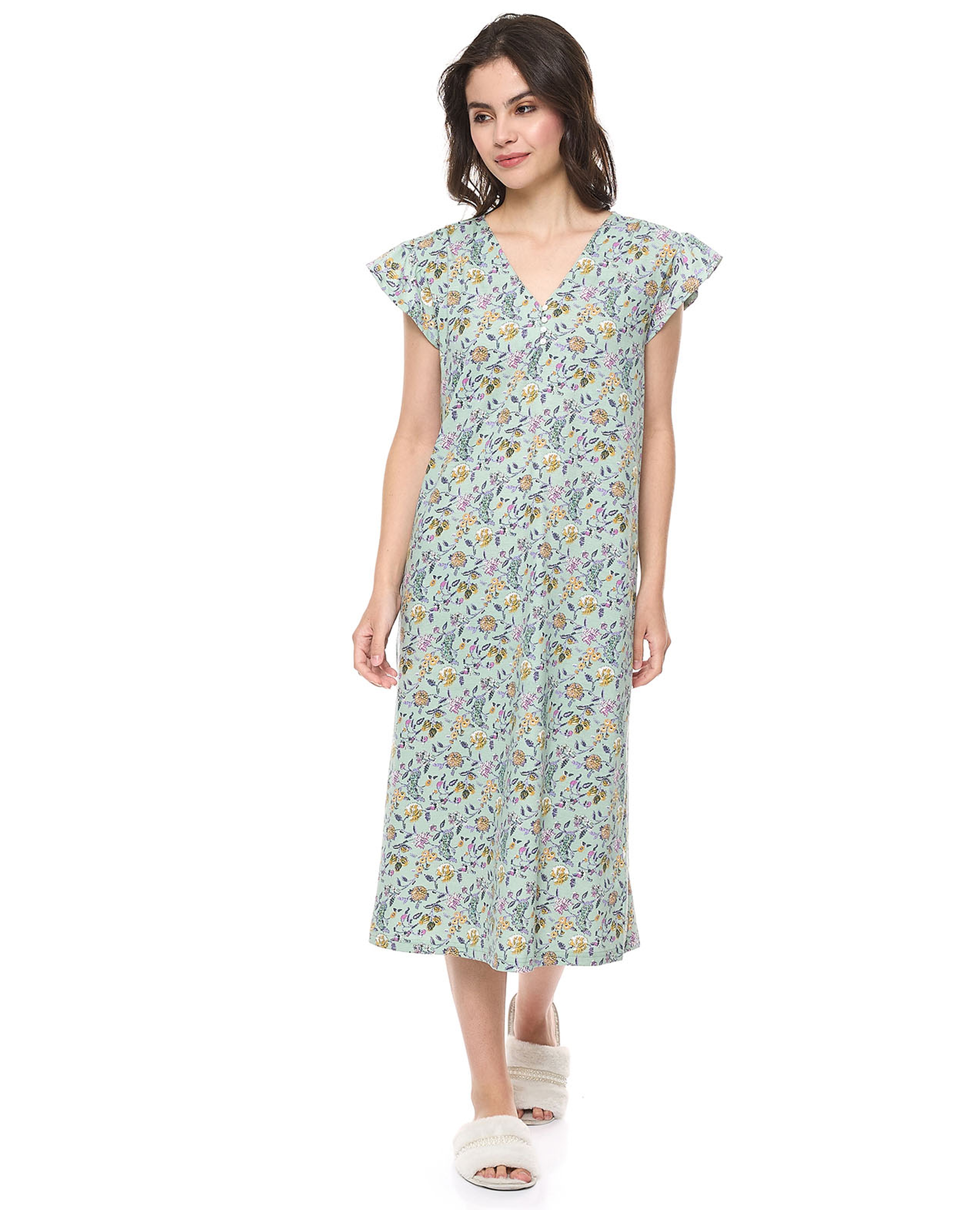 فستان نوم بطبعة الورود برقبة V وأكمام قصيرة