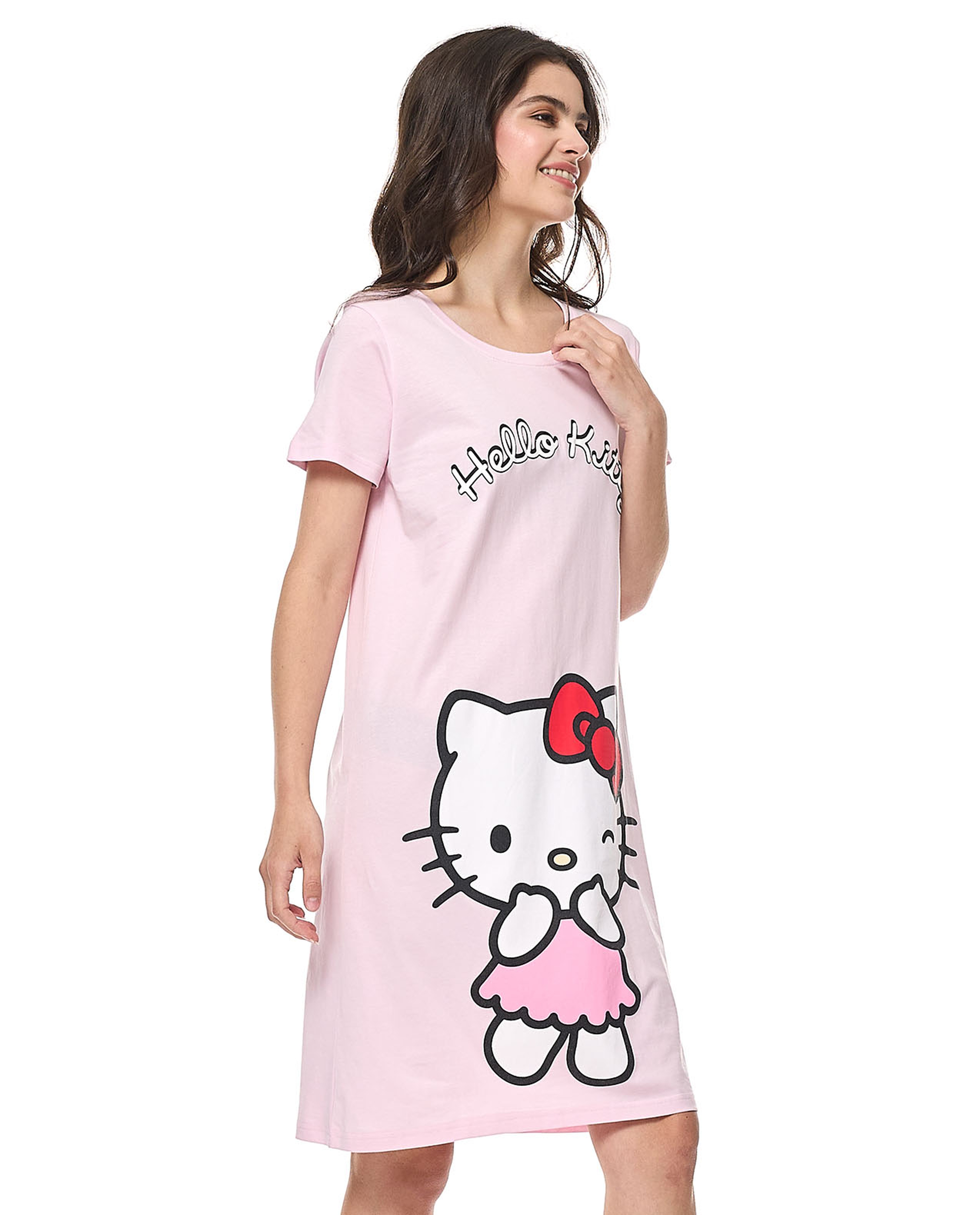 Hello Kitty Print Nightdress with Short Sleeves