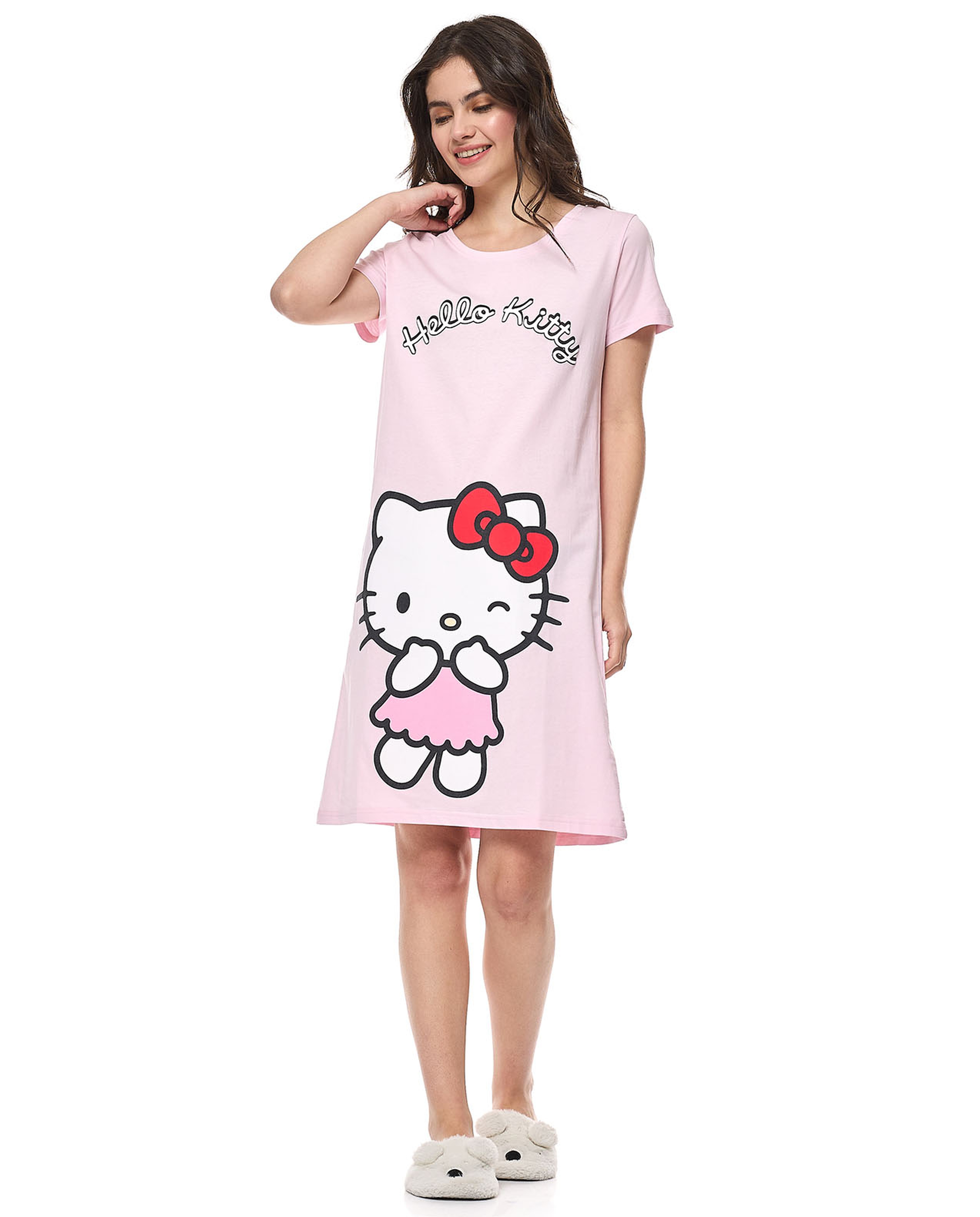 Hello Kitty Print Nightdress with Short Sleeves