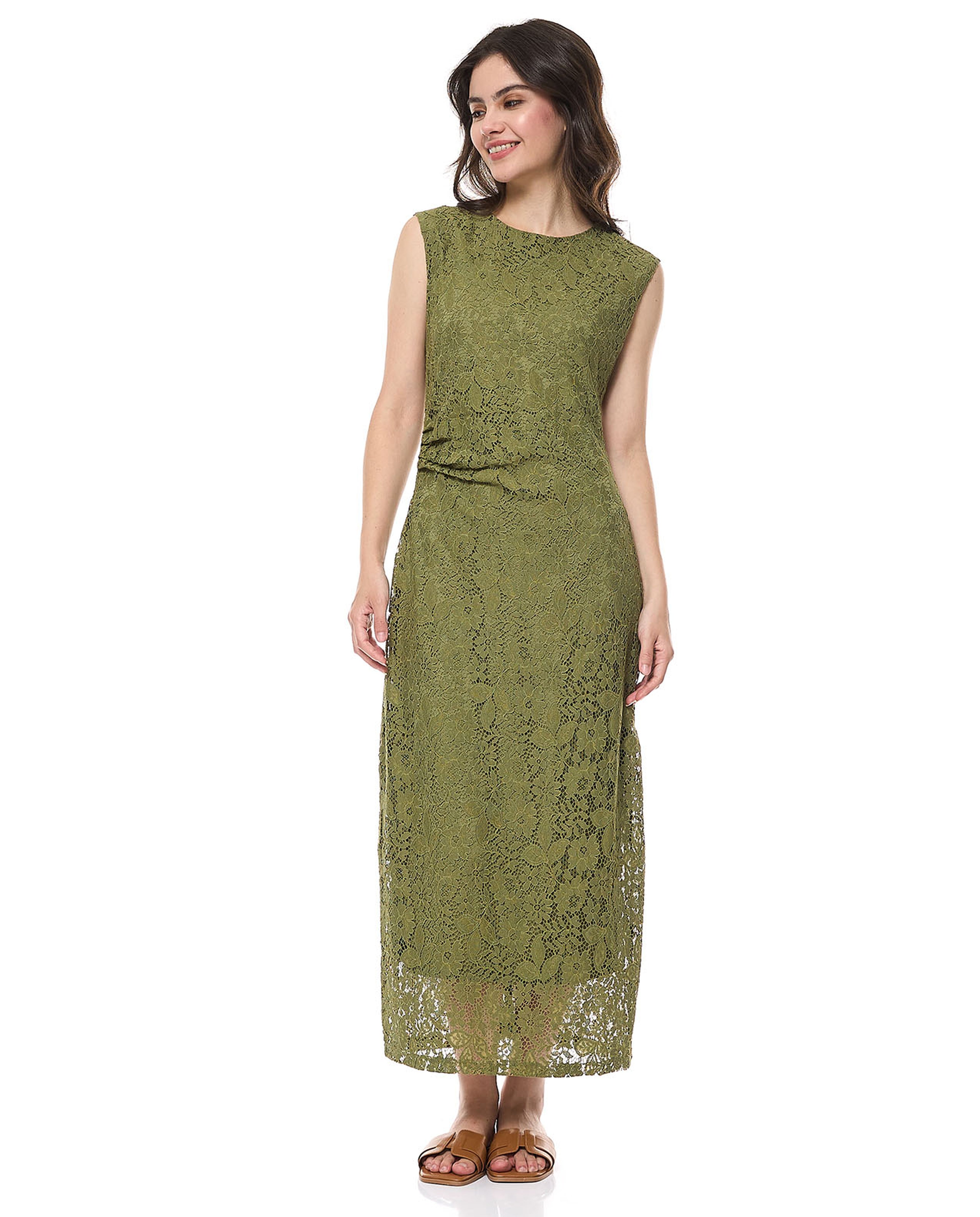 Laced Sleeveless Maxi Dress with Crew Neck