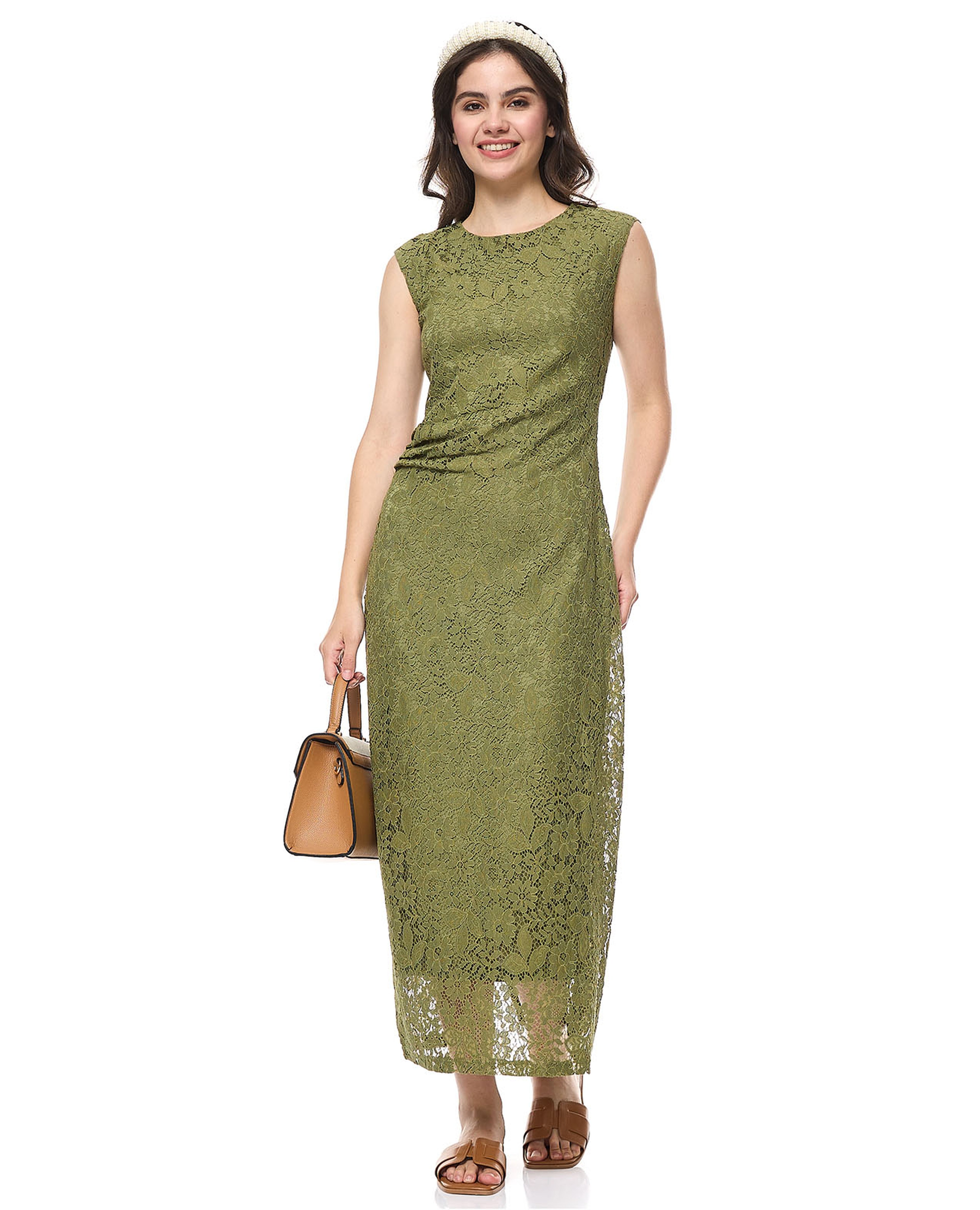 Laced Sleeveless Maxi Dress with Crew Neck