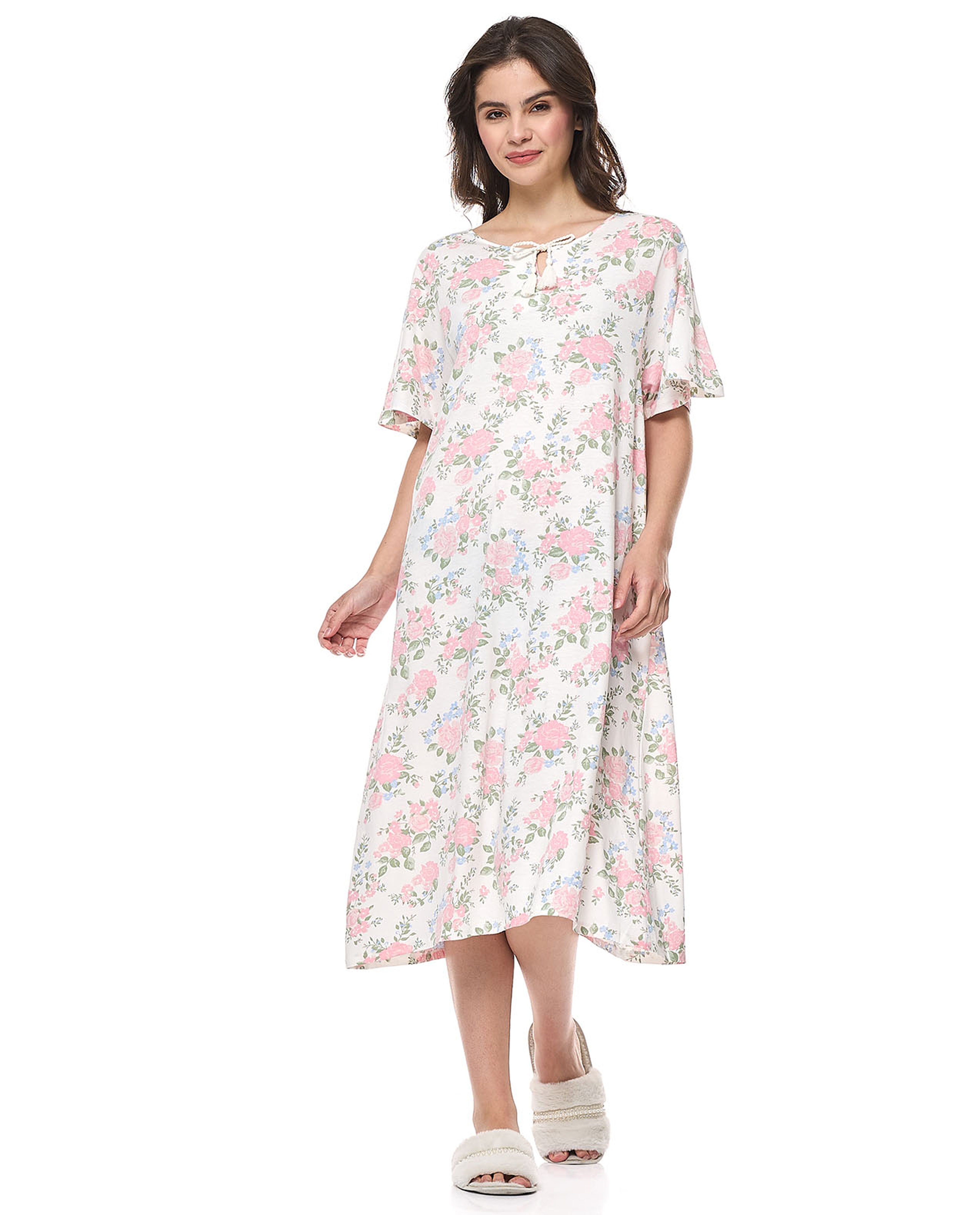 Floral Print Nightdress with Tie-Neck and Short Sleeves