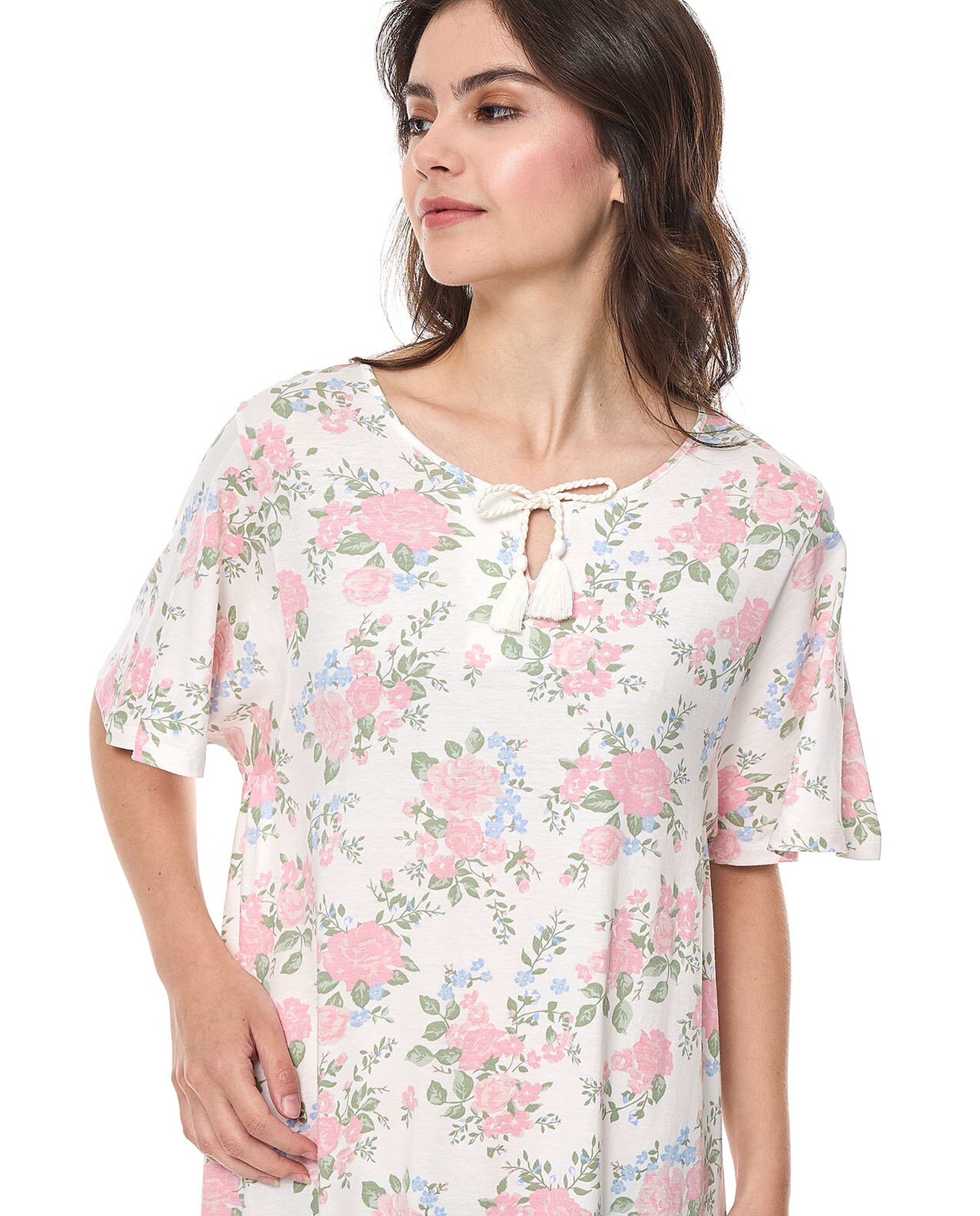 Floral Print Nightdress with Tie-Neck and Short Sleeves