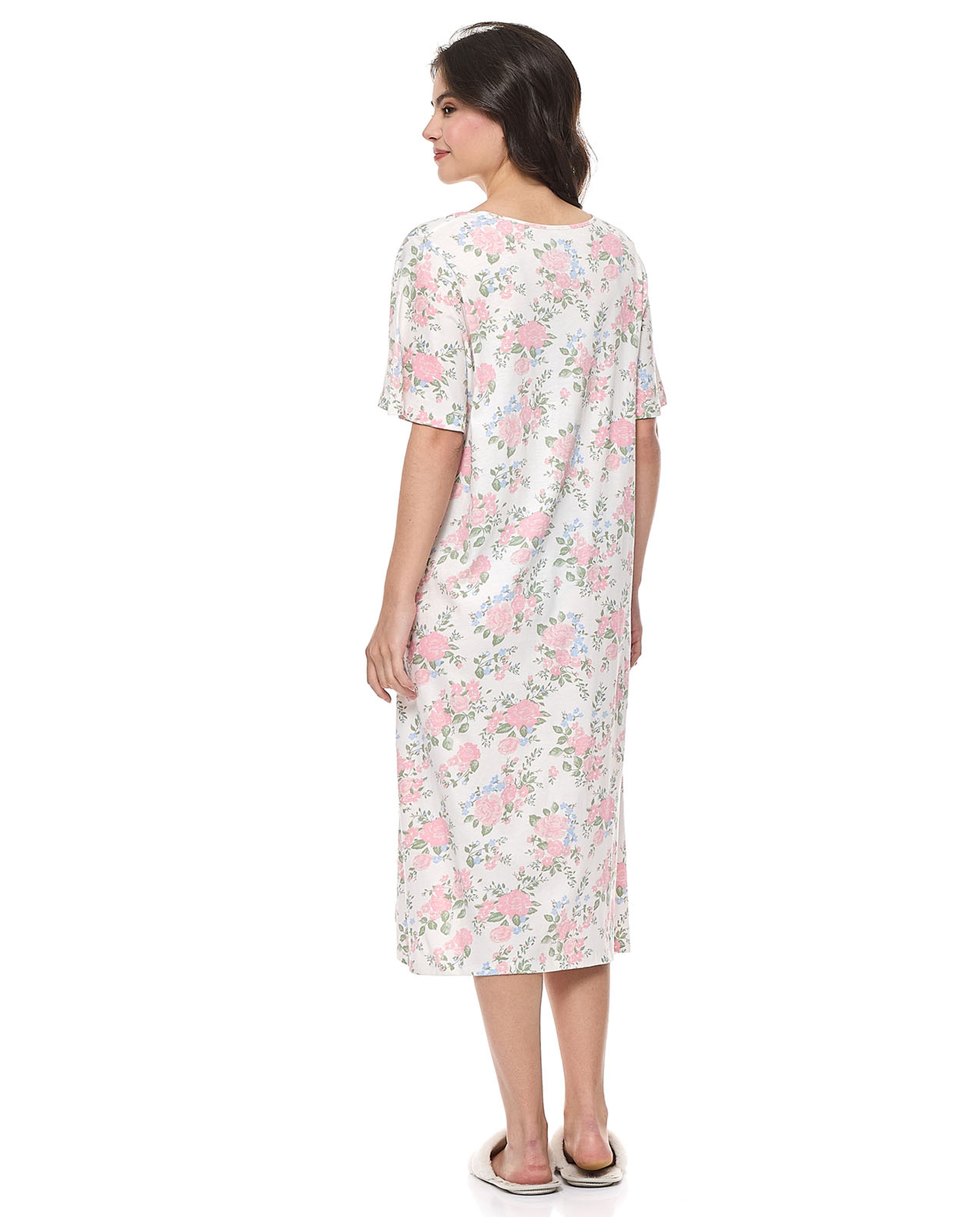 Floral Print Nightdress with Tie-Neck and Short Sleeves