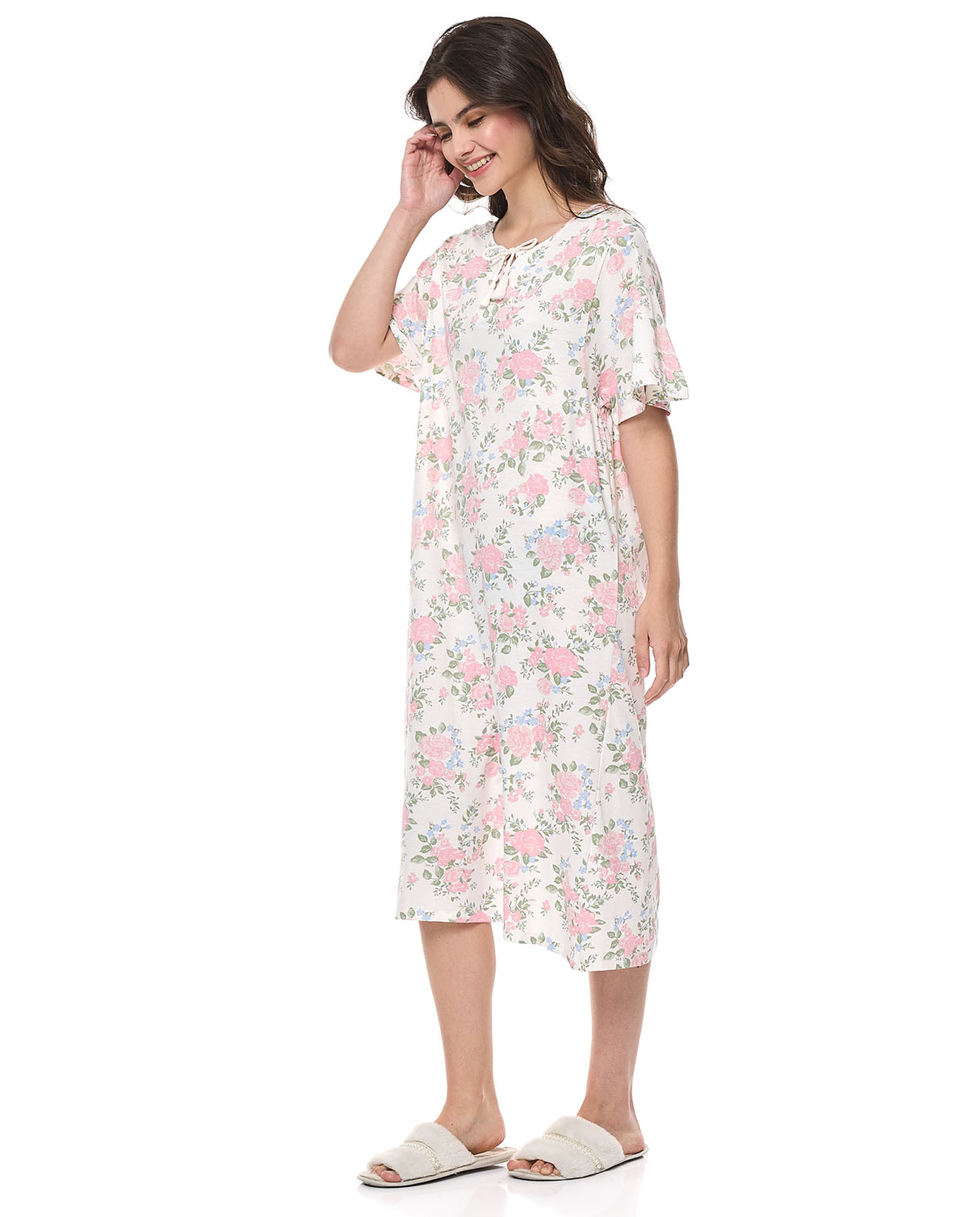 Floral Print Nightdress with Tie-Neck and Short Sleeves