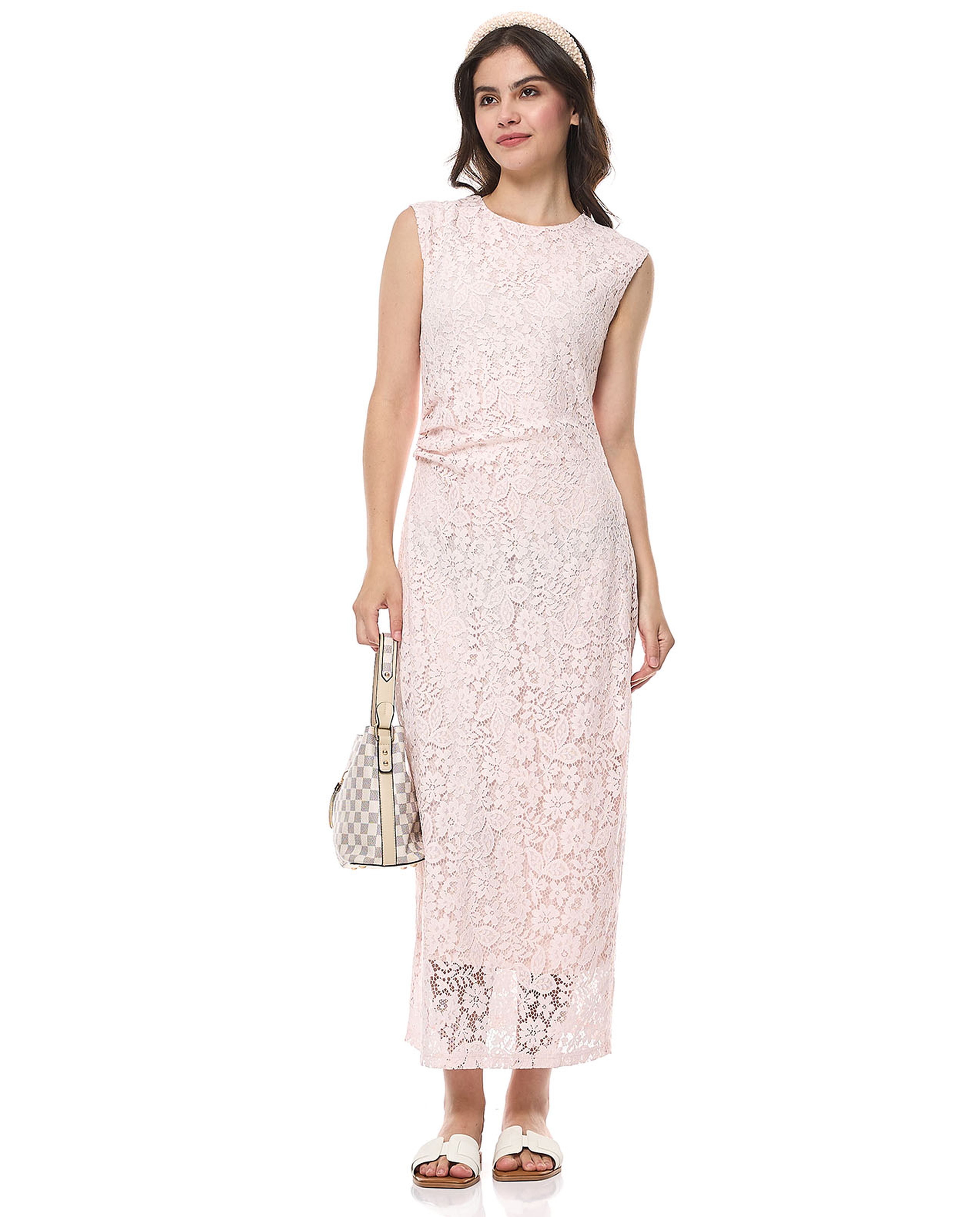 Laced Sleeveless Maxi Dress with Crew Neck