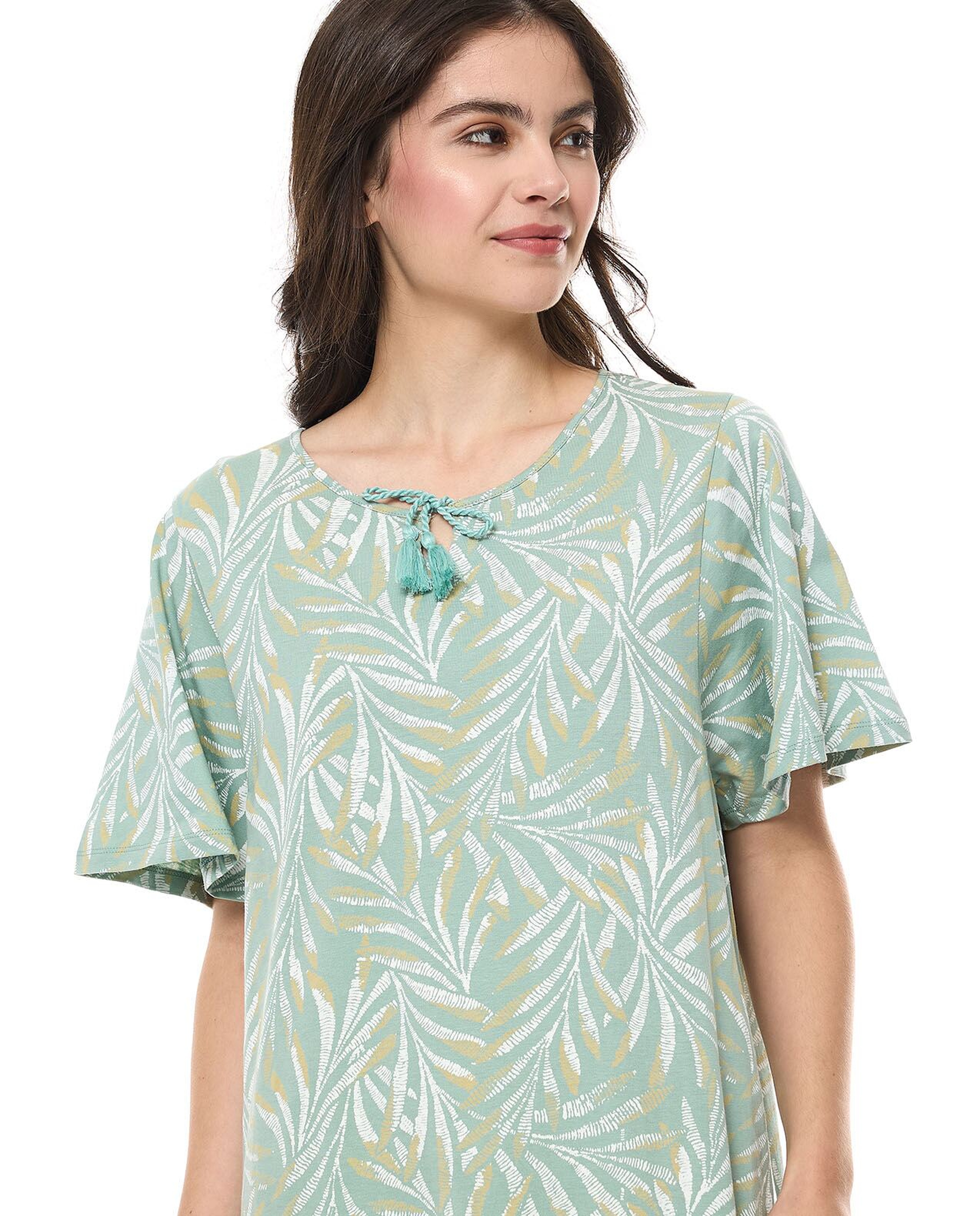 Printed Nightdress with Tie-Neck and Short Sleeves