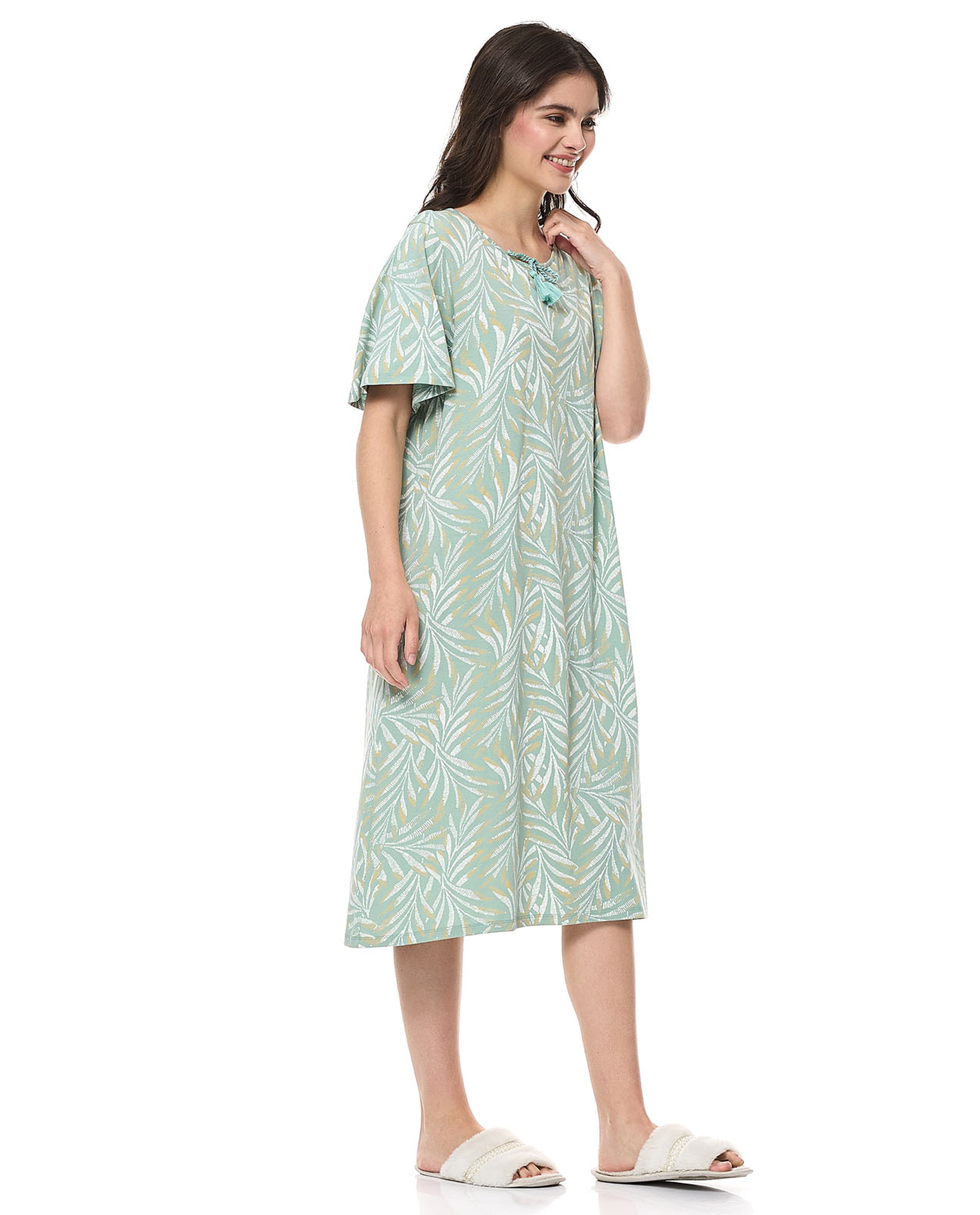 Printed Nightdress with Tie-Neck and Short Sleeves