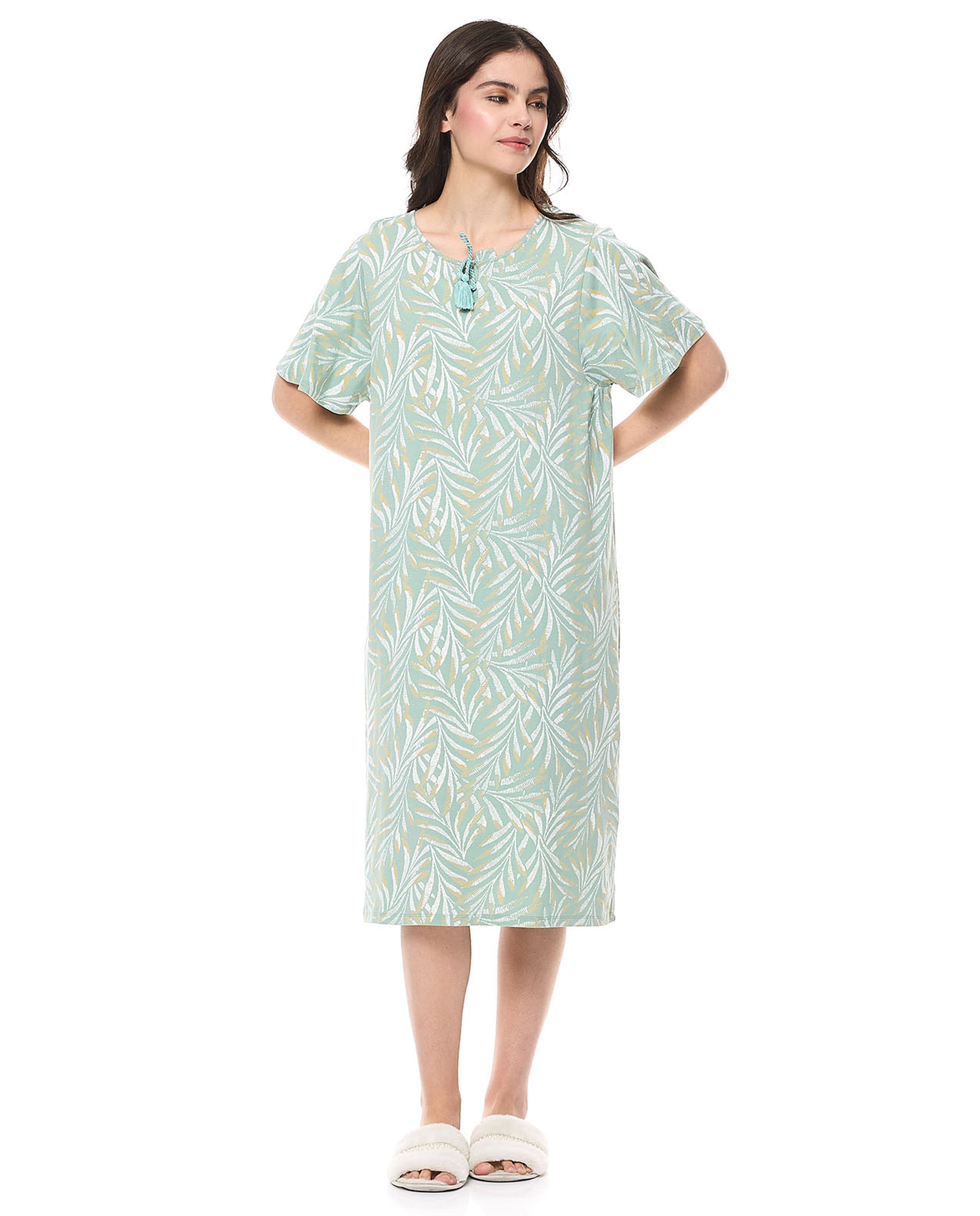 Printed Nightdress with Tie-Neck and Short Sleeves