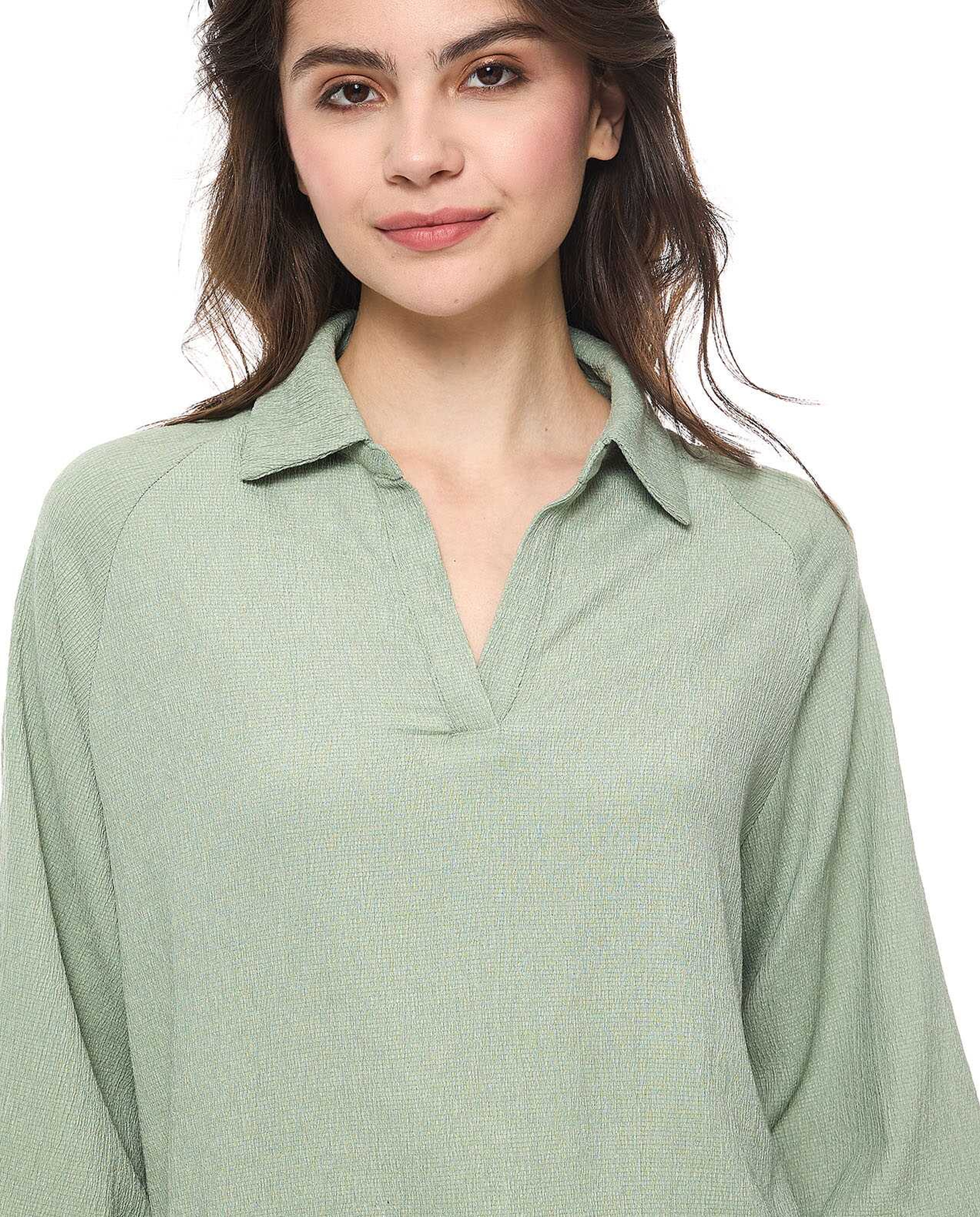 Textured Top with Spread Collar and Bishop Sleeves